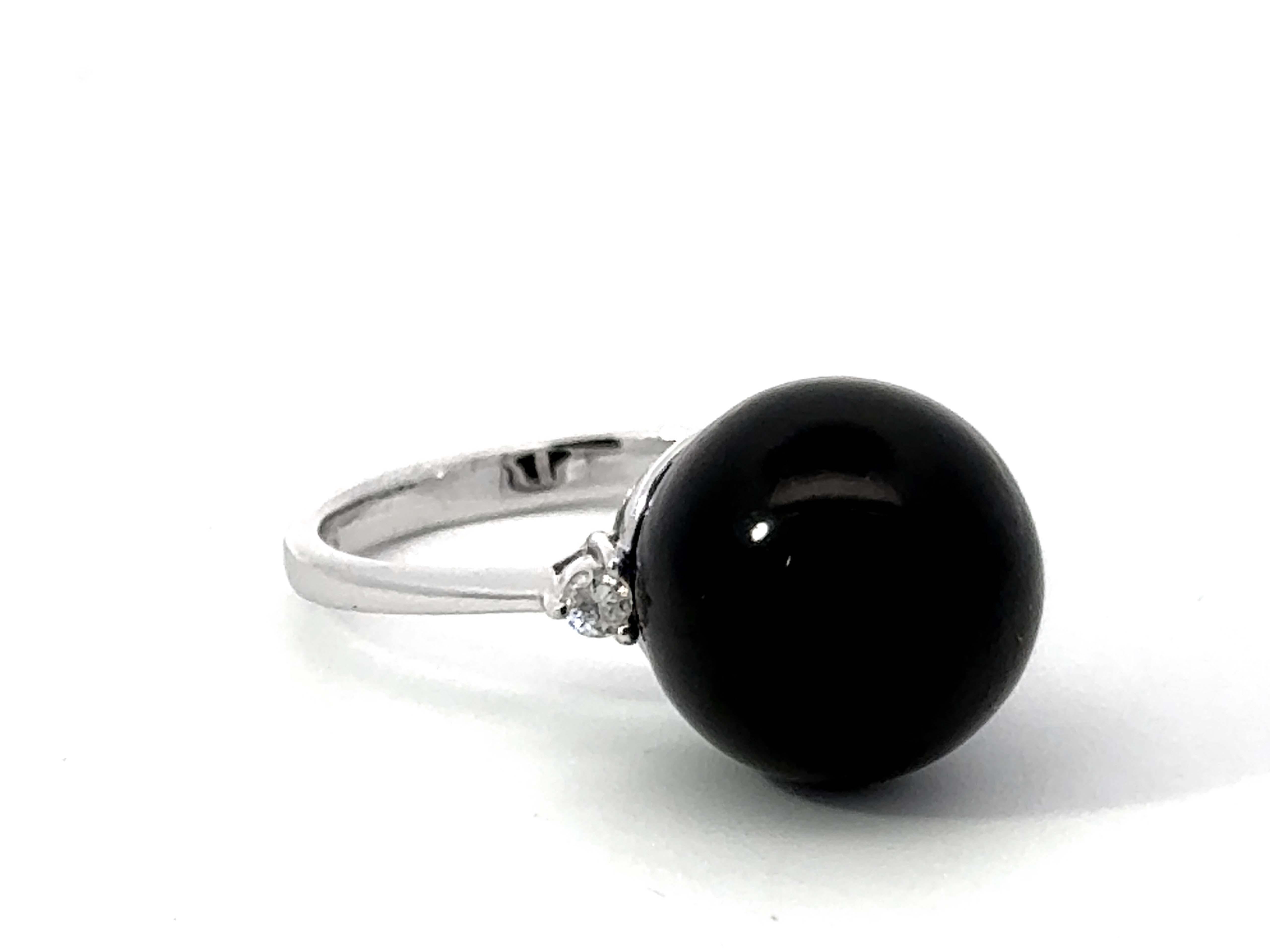 Modern Black Onyx Sphere and Diamond Ring 14K White Gold For Sale