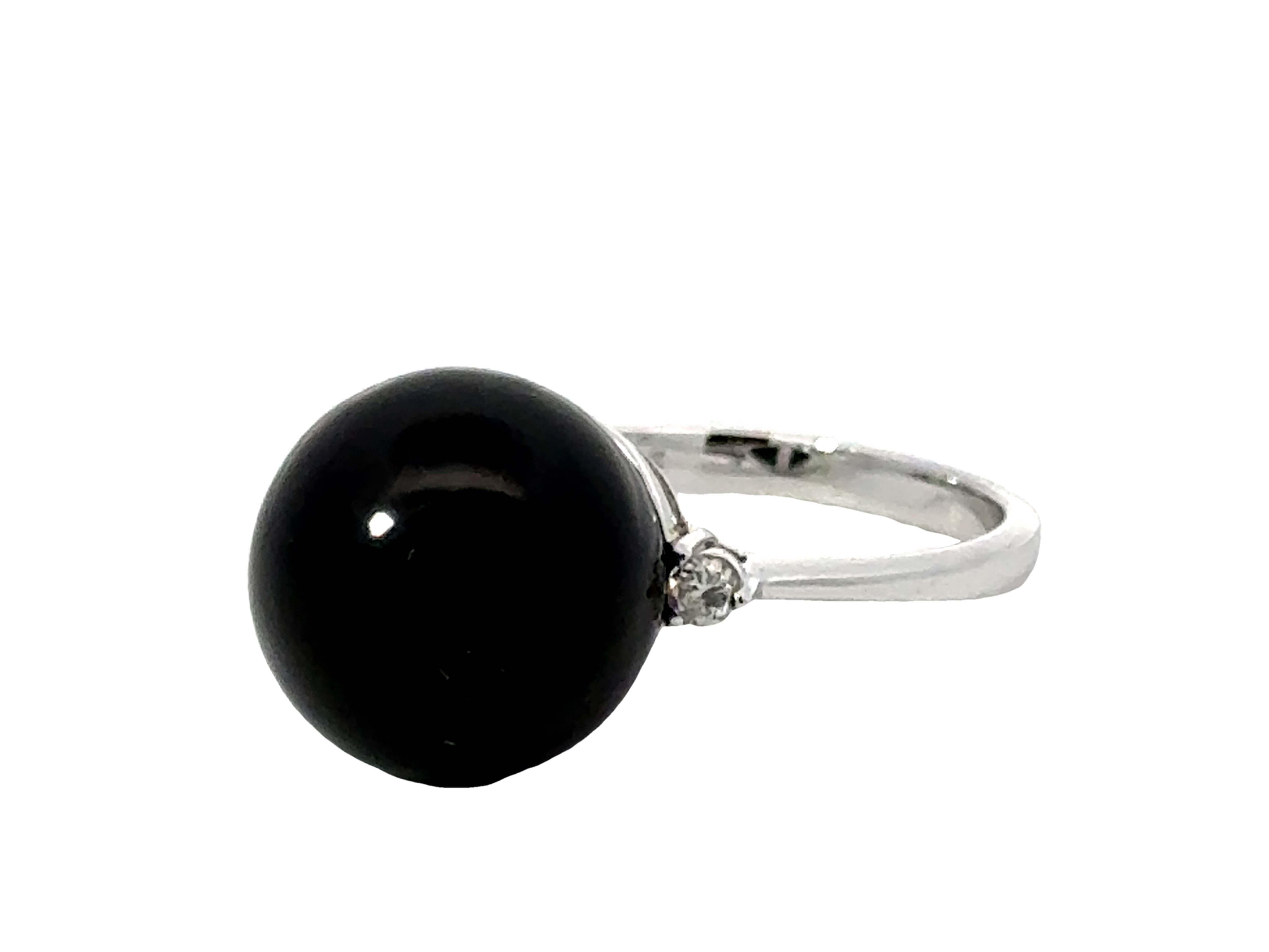 Brilliant Cut Black Onyx Sphere and Diamond Ring 14K White Gold For Sale
