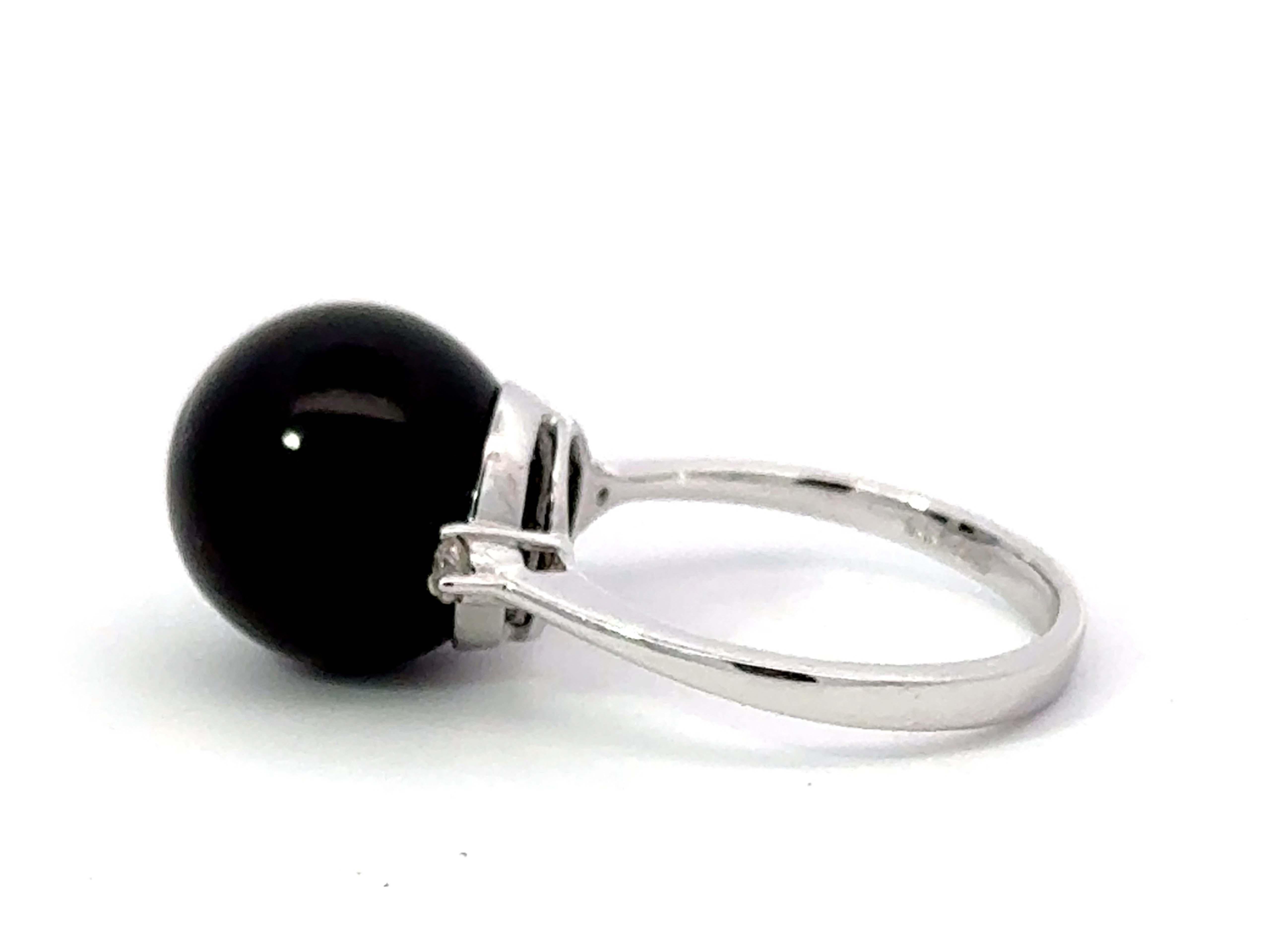 Women's Black Onyx Sphere and Diamond Ring 14K White Gold For Sale