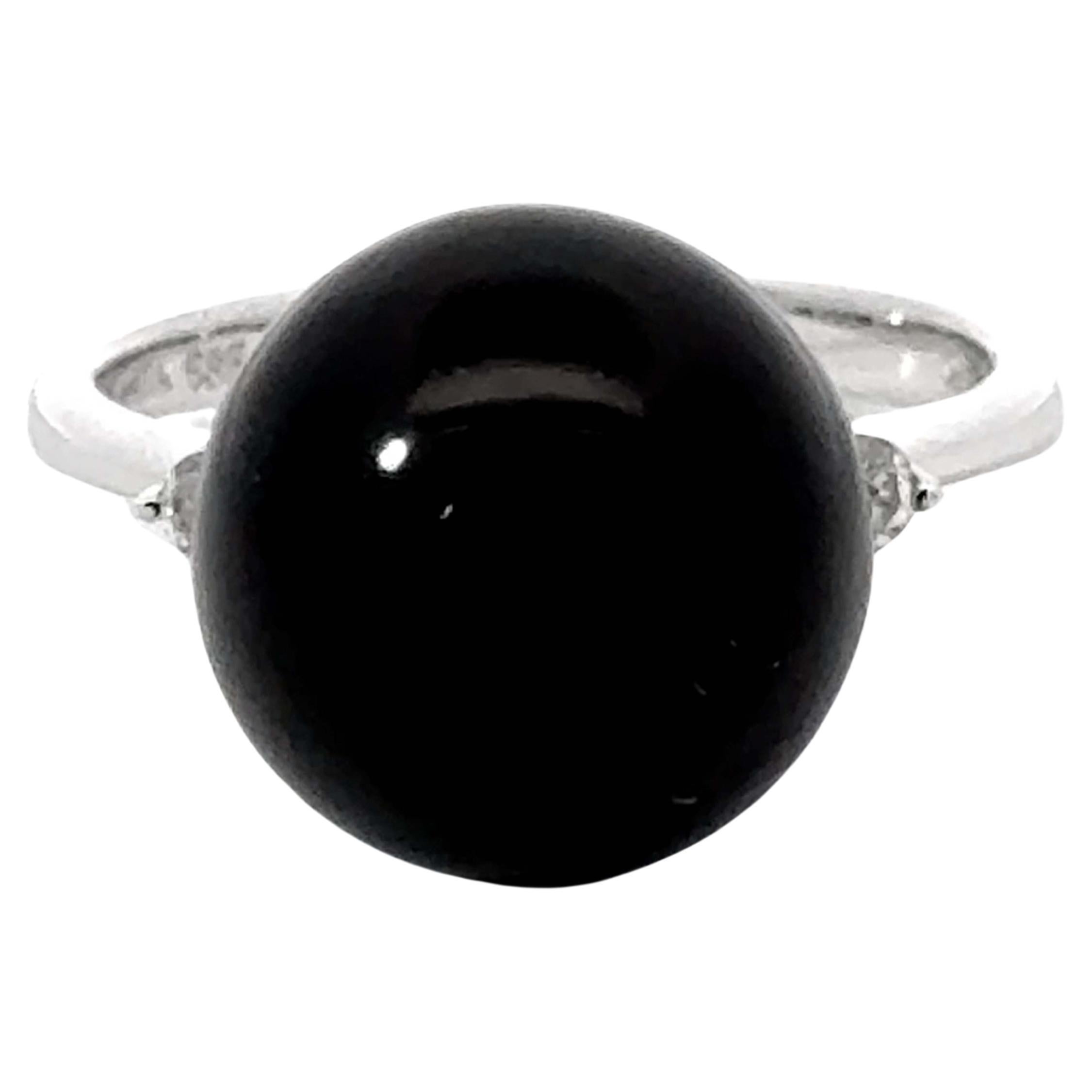 Black Onyx Sphere and Diamond Ring 14K White Gold For Sale