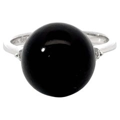 Black Onyx Sphere and Diamond Ring 14K White Gold
