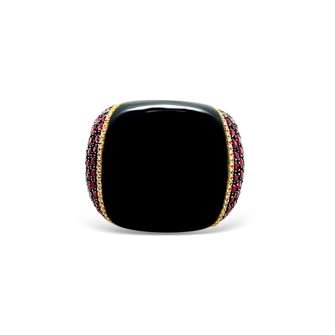 This pristine high quality Designer Cluster Diamond, Ruby and Onyx cocktail Ring is made in 18Kt rose golg. Prominently shocasing an onyx center accompanied with 0.50 round cut diamonds, G-H color, VS clarity and round Rubies.

Signed DK

Total