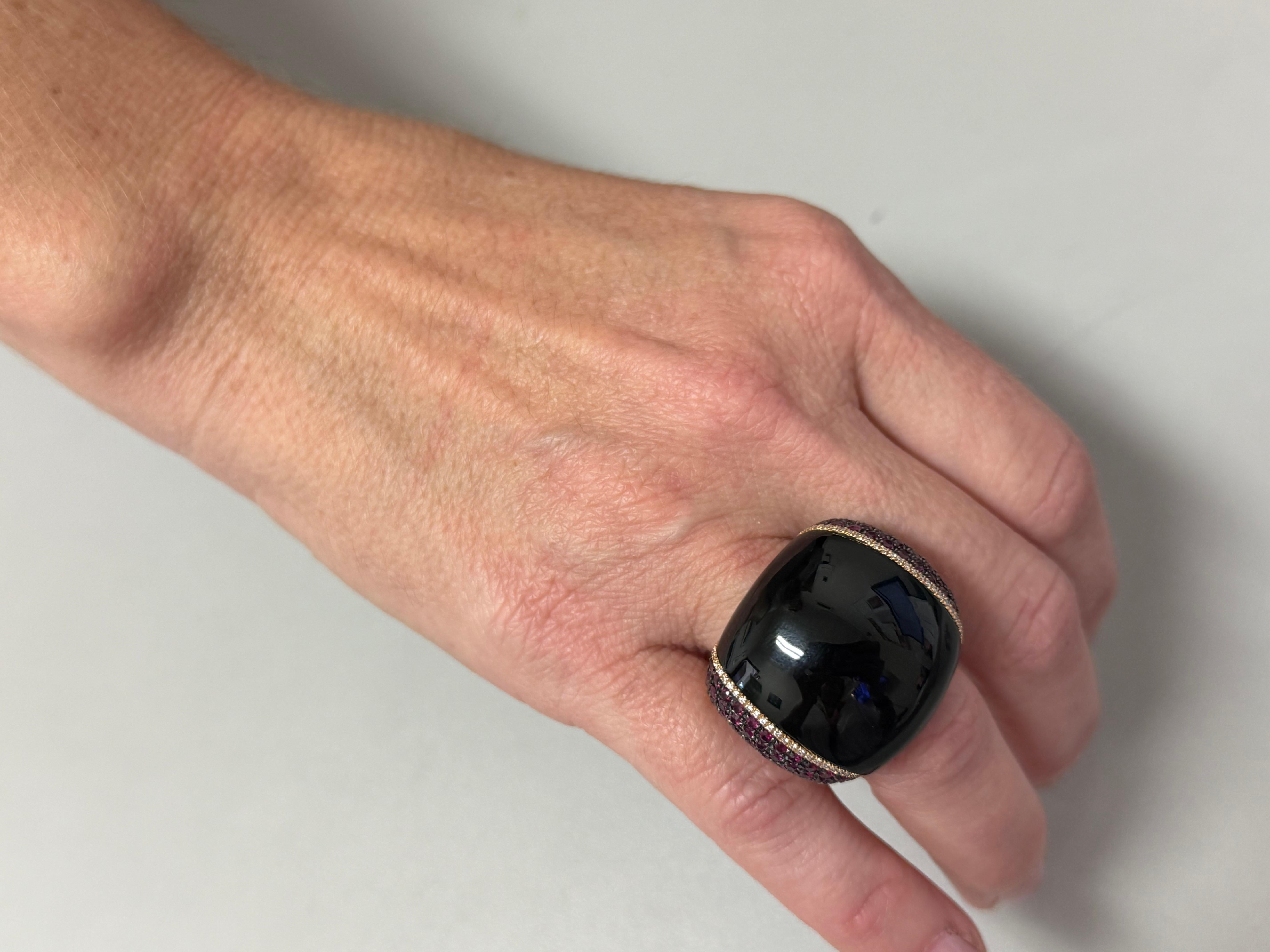Black Onyx statement Ring rose Gold, rubies and diamonds. For Sale 1