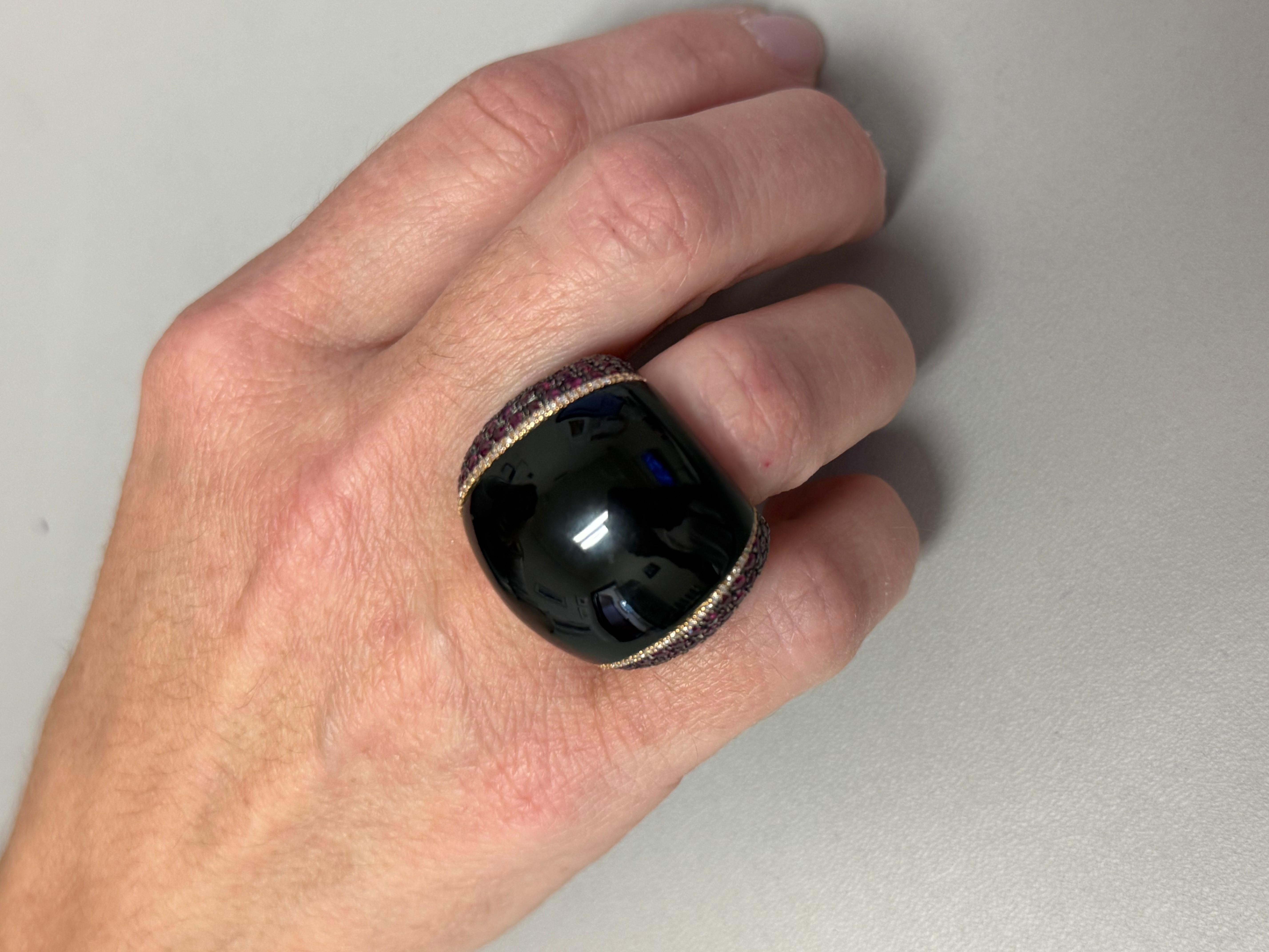 Black Onyx statement Ring rose Gold, rubies and diamonds. For Sale 2