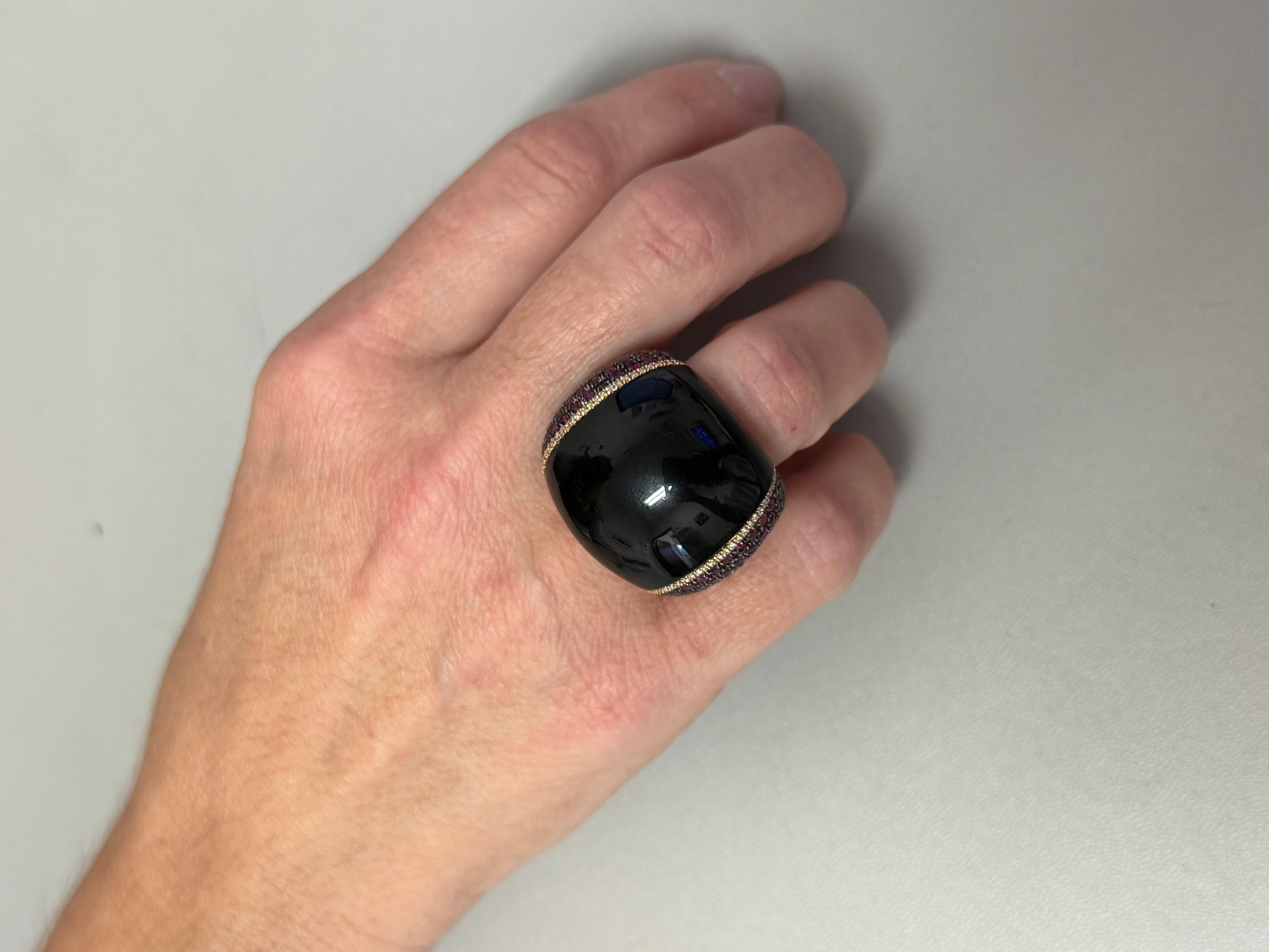 Black Onyx statement Ring rose Gold, rubies and diamonds. For Sale 3