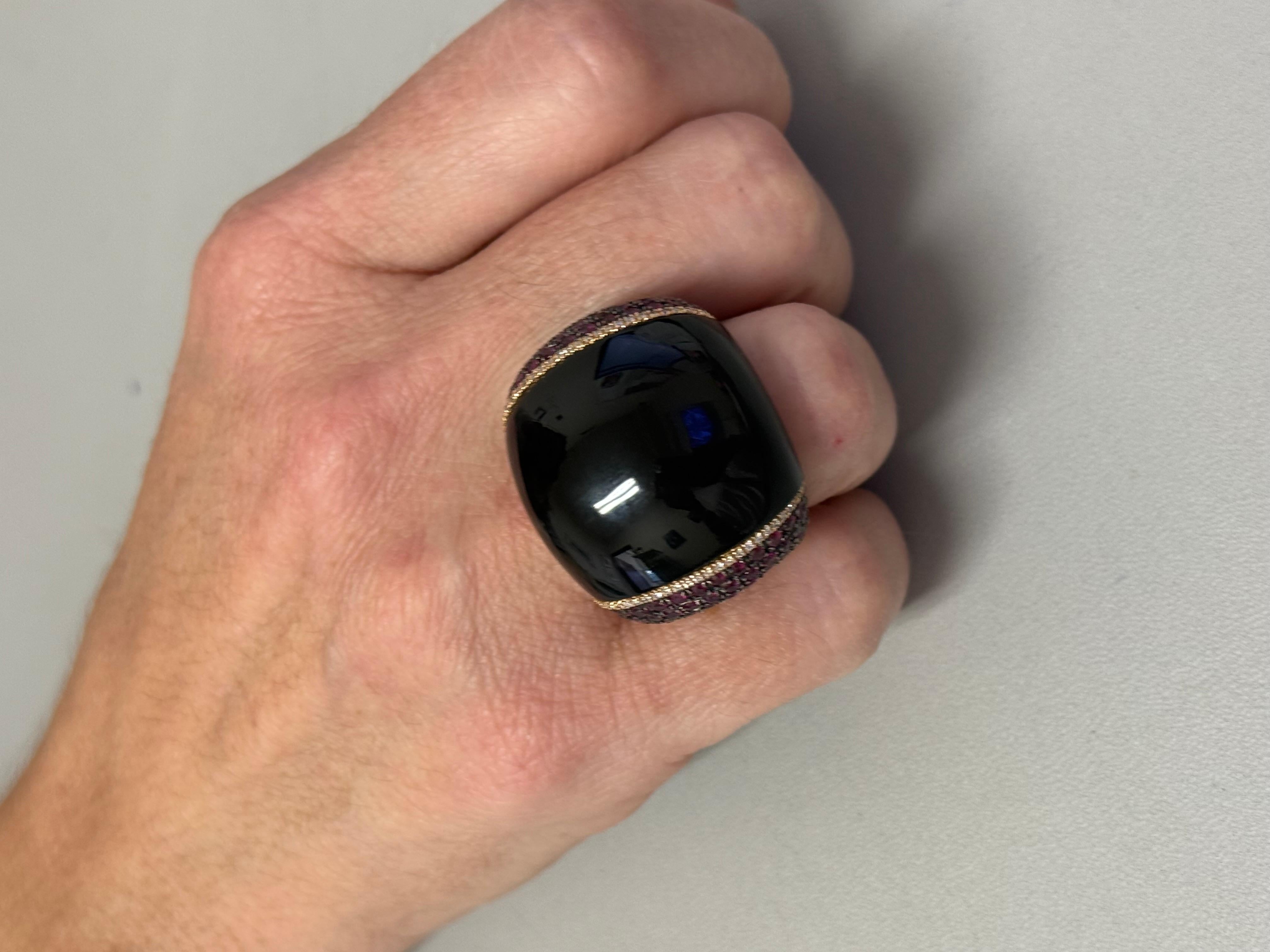 Black Onyx statement Ring rose Gold, rubies and diamonds. For Sale 4