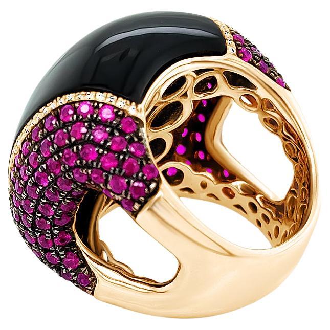 Black Onyx statement Ring rose Gold, rubies and diamonds. For Sale