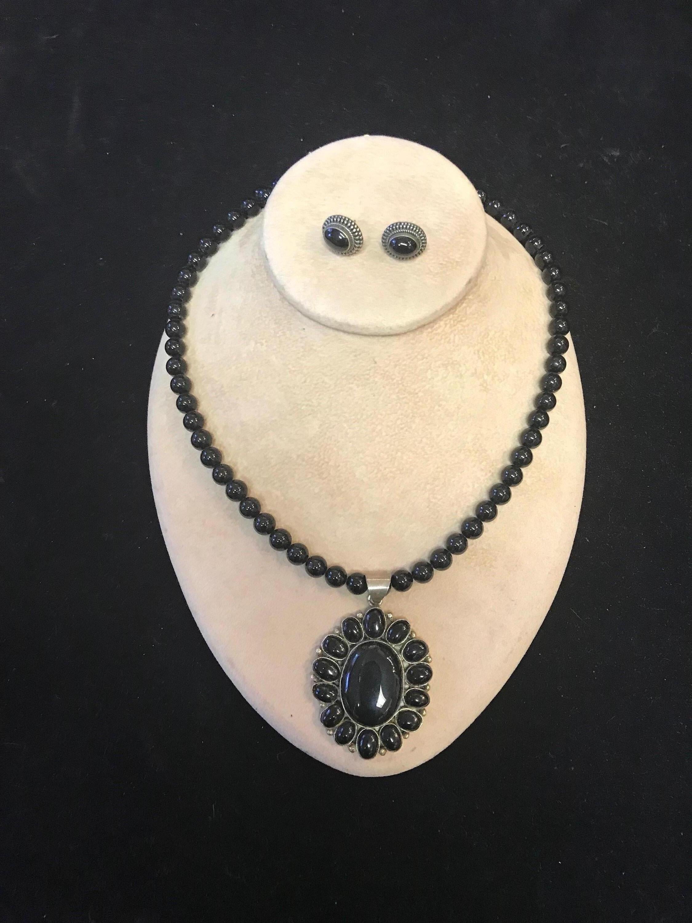 Exolette Black Onyx Sterling Pendant Necklace Earring Set In Good Condition For Sale In Pahrump, NV