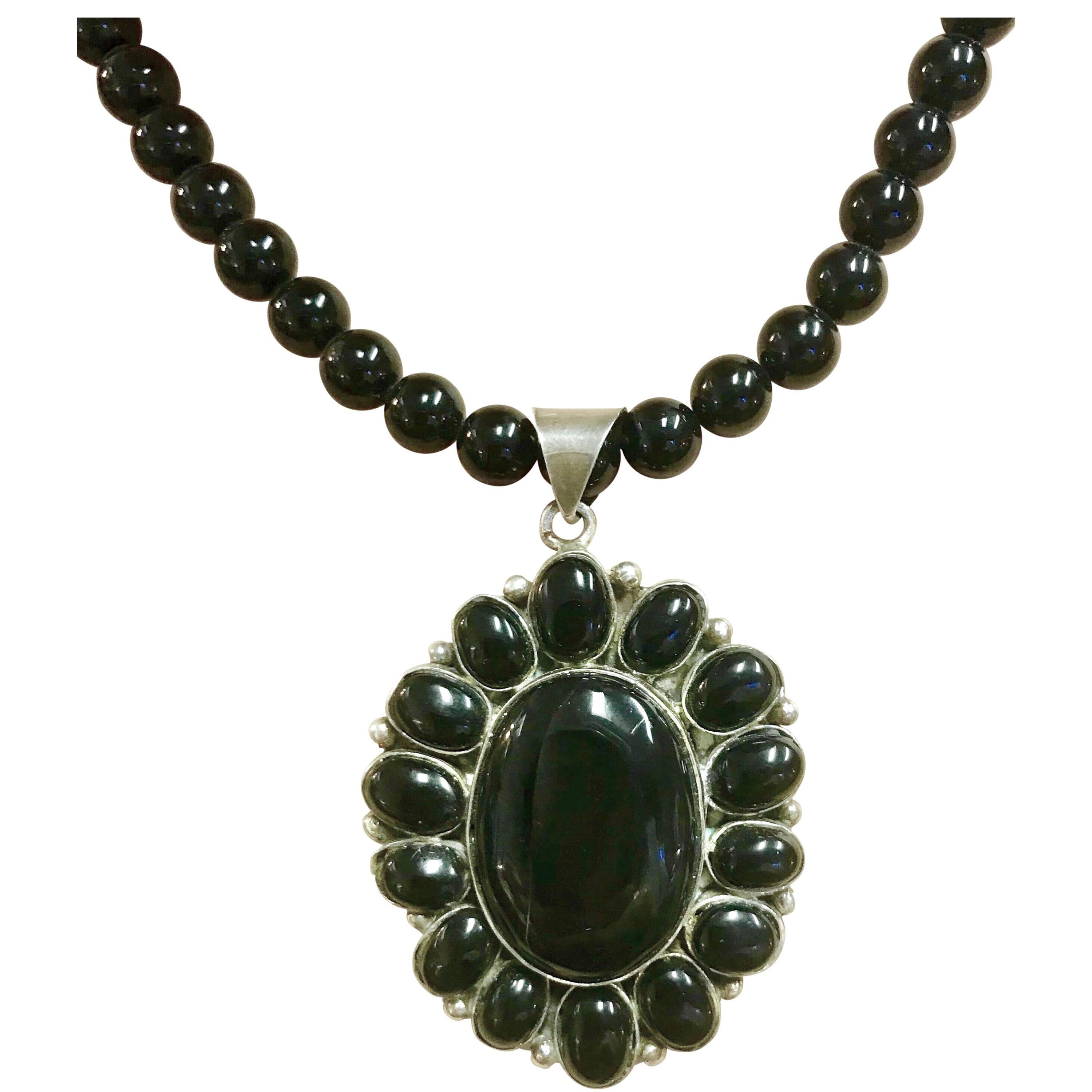 Exolette Black Onyx Sterling Pendant Necklace Earring Set For Sale