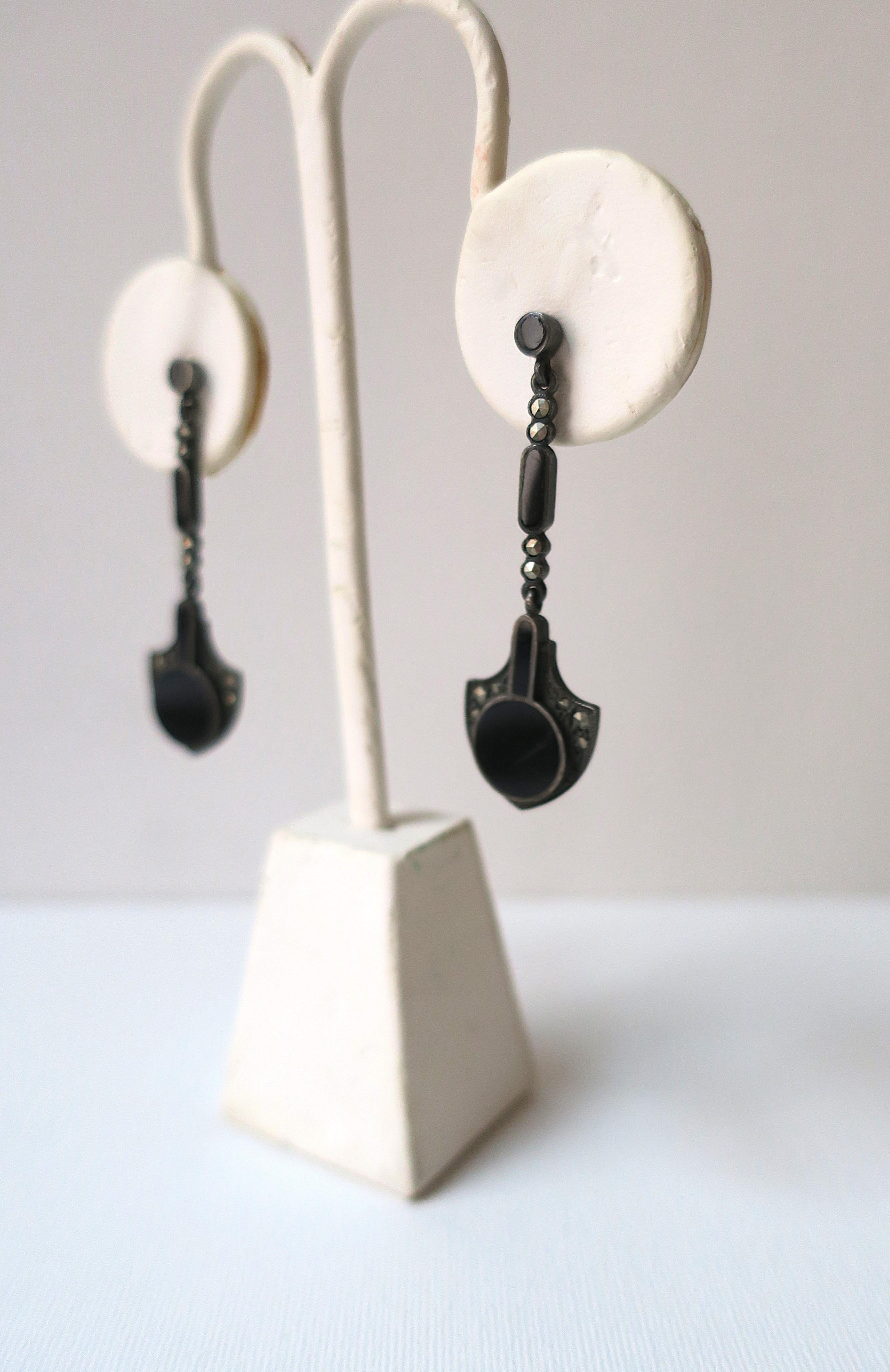 Art Deco Black Onyx Sterling Silver Dangle Earrings For Sale