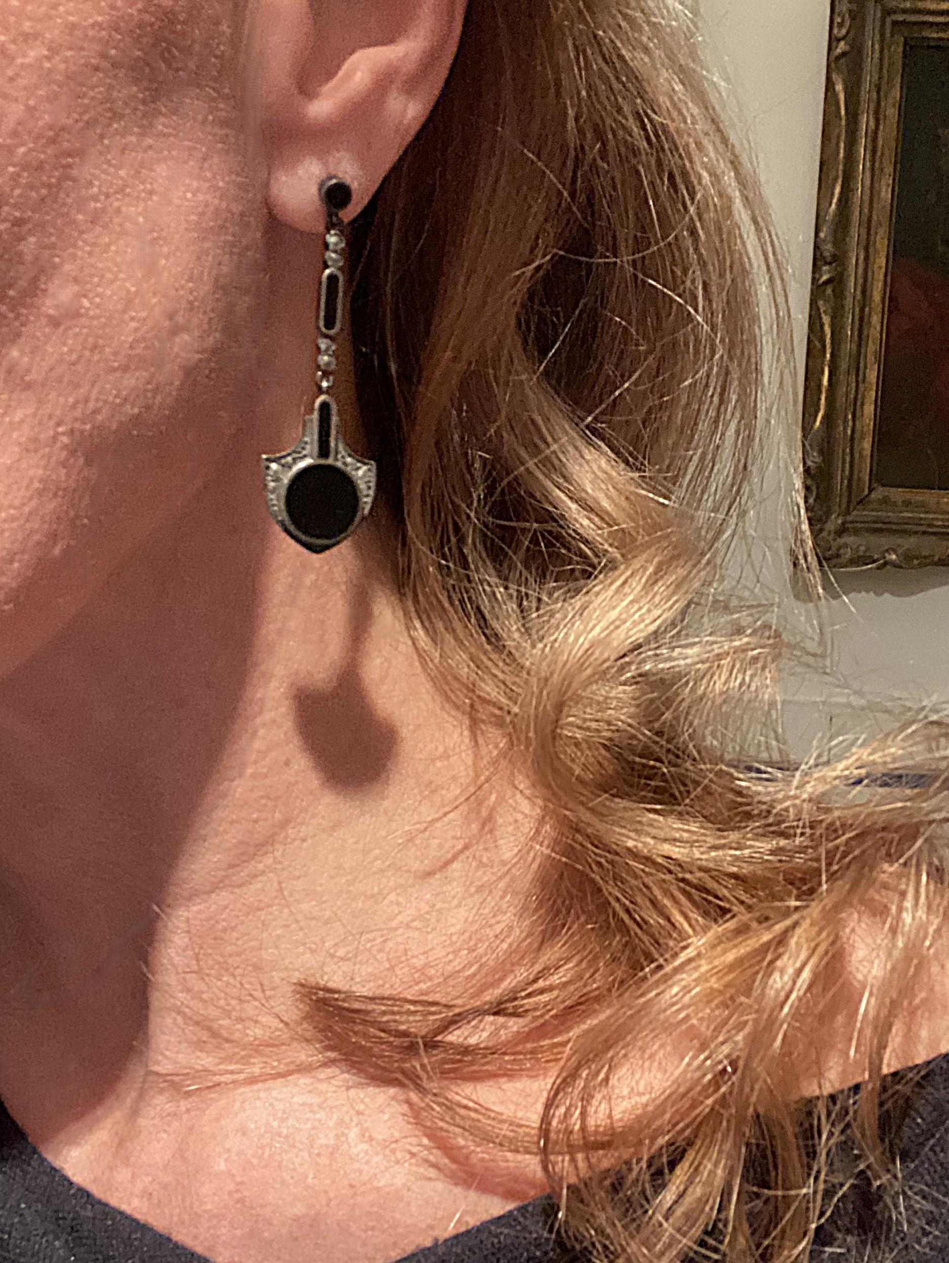 Round Cut Black Onyx Sterling Silver Dangle Earrings For Sale