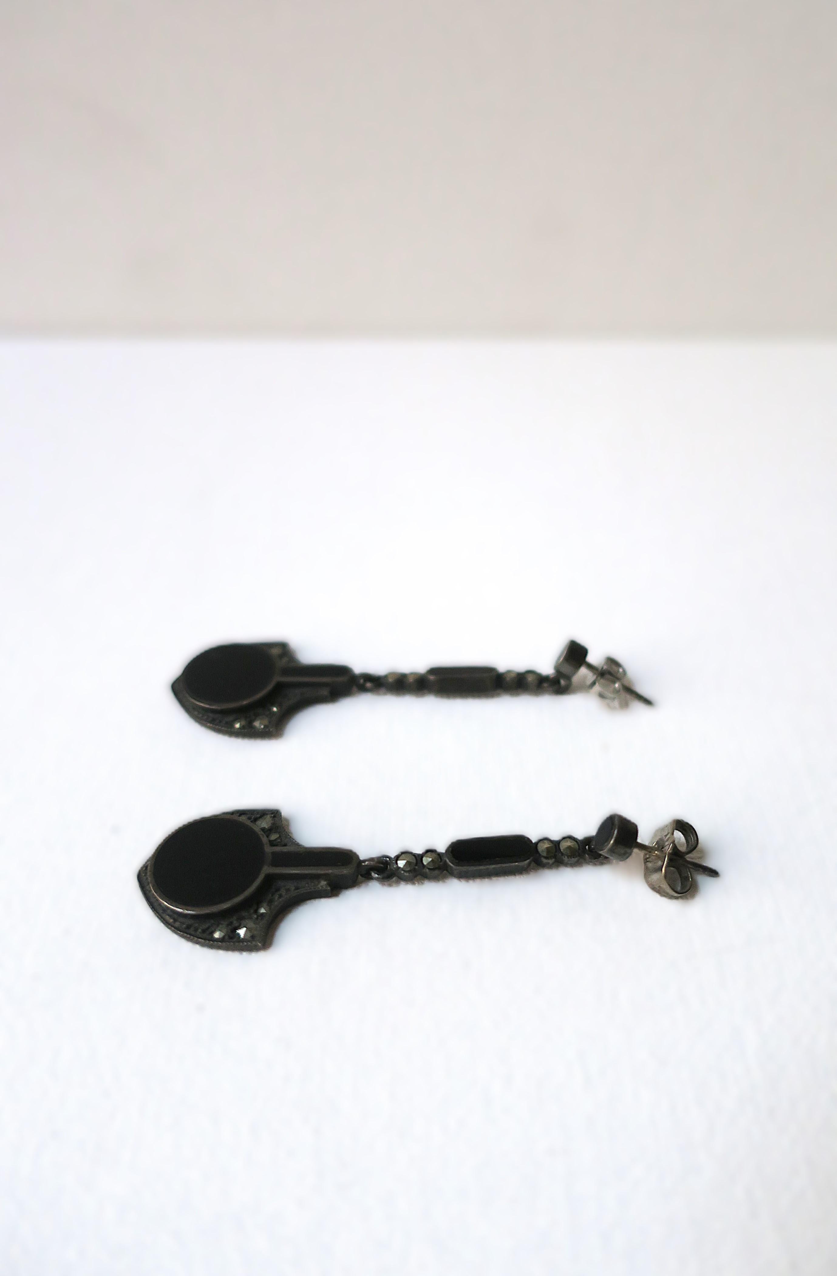 Women's or Men's Black Onyx Sterling Silver Dangle Earrings For Sale