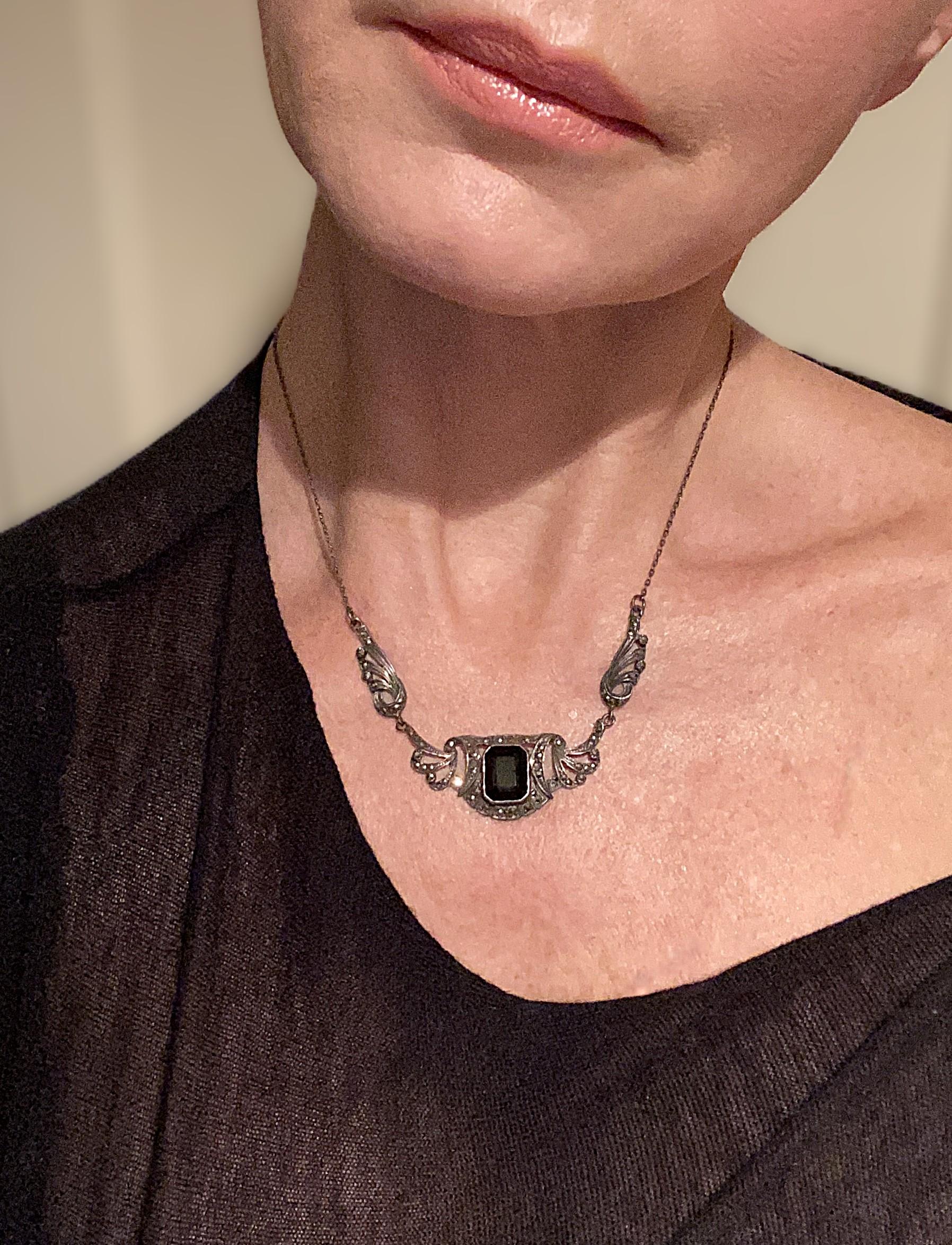 Asscher Cut Black Onyx Sterling Silver Necklace For Sale