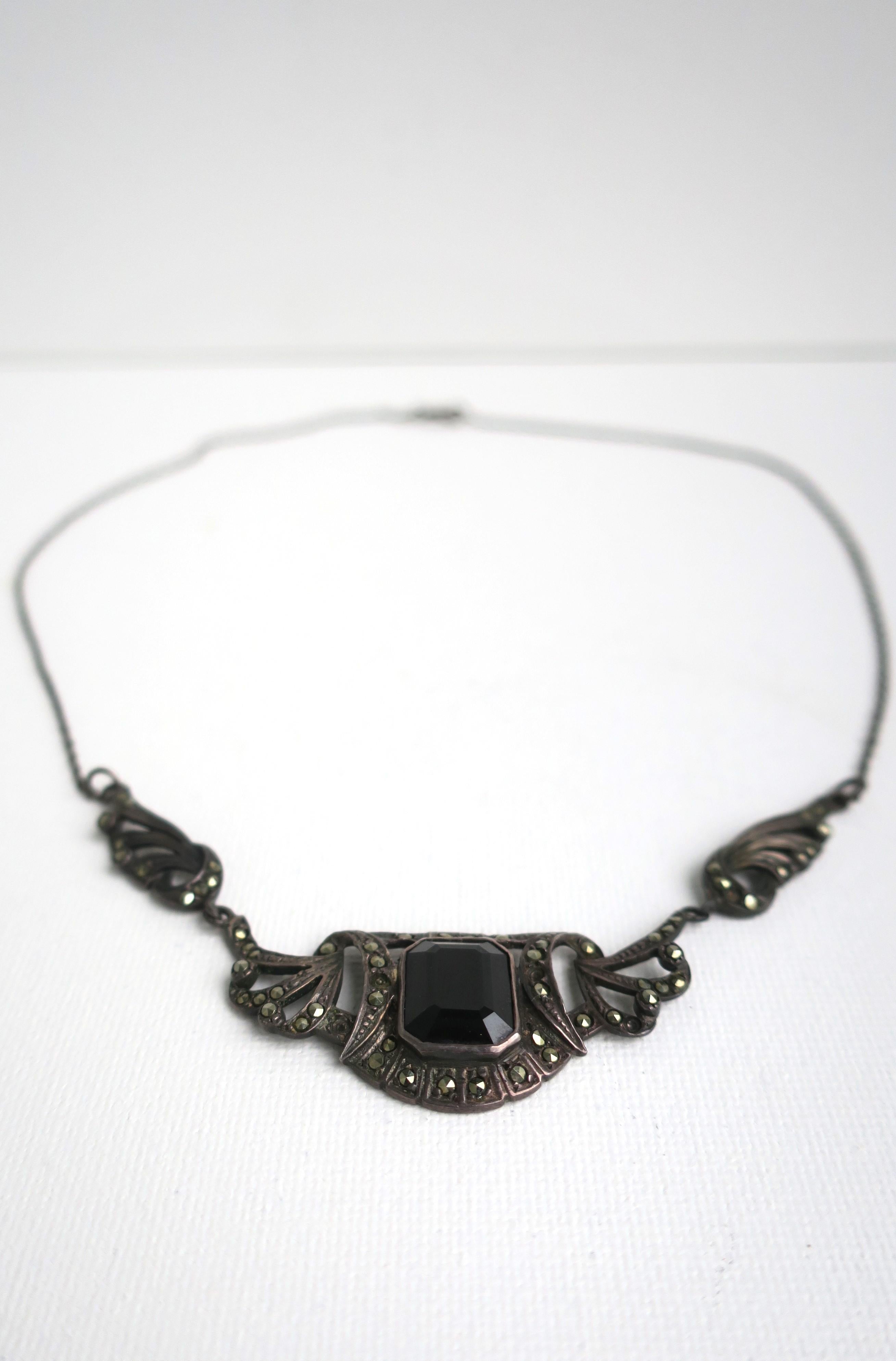 Women's or Men's Black Onyx Sterling Silver Necklace For Sale