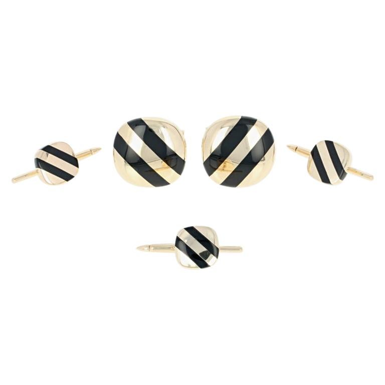 Black Onyx Stripe Tuxedo Set, 14 Karat Gold Men's Cufflinks and Shirt Studs