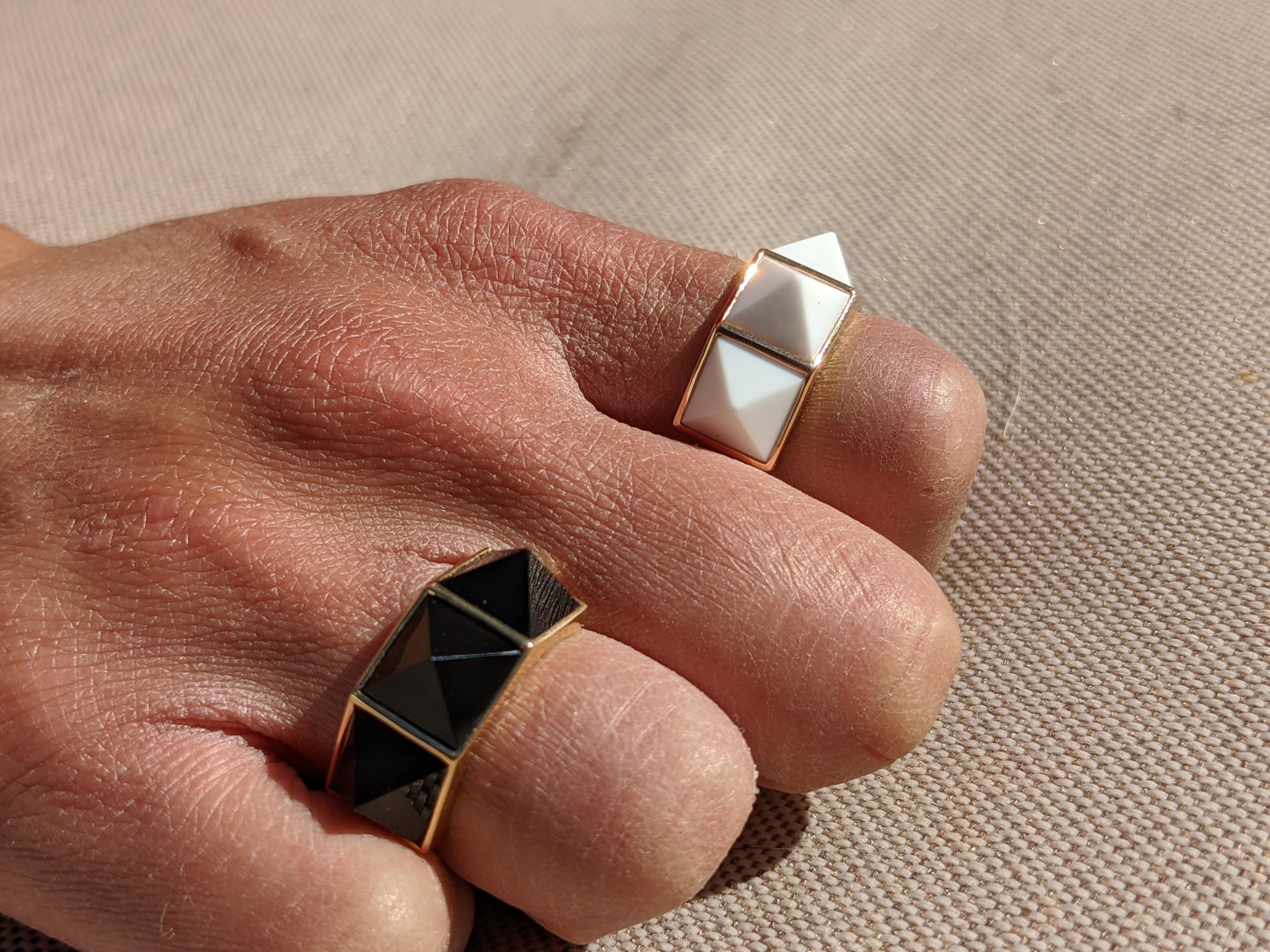 From FERRUCCI Pyramid collection, the Three Pyramids Black Onyx ring in 18k yellow gold, manufactured in New York.

Onyx is believed to offer personal protection and relationship harmony and The Pyramid symbolizes bigger consciousness of strength