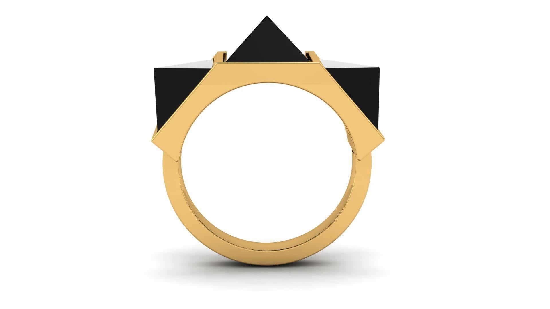 Women's or Men's Black Onyx Three-Pyramids 18 Karat Yellow Gold Ring