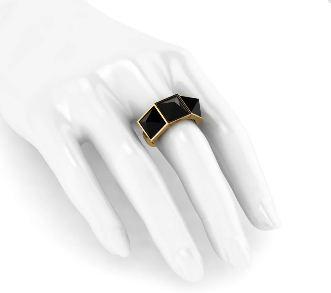 Black Onyx Three Pyramids in 18k Yellow Gold Ring For Sale 5