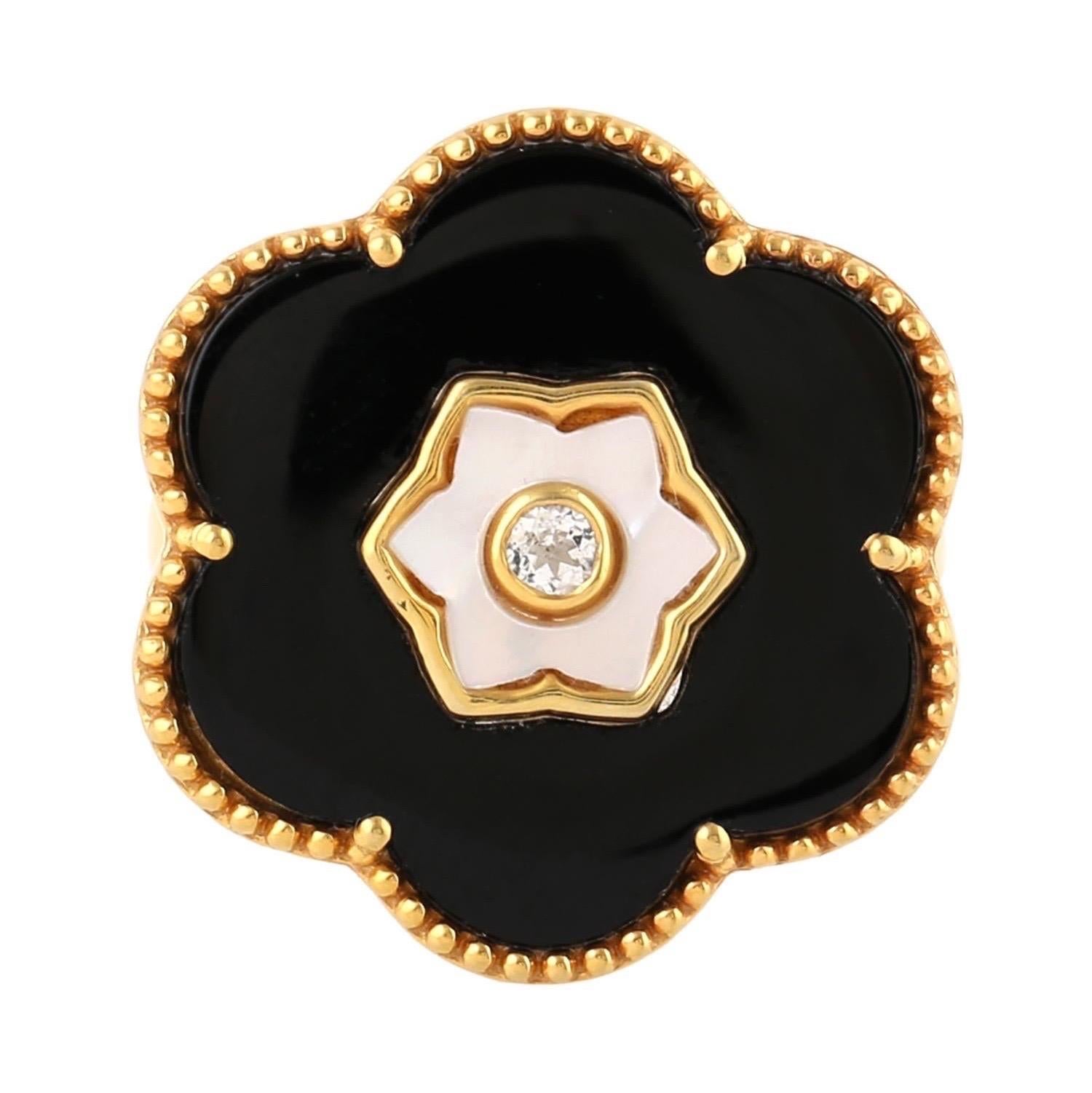 Modern Black Onyx Topaz Mother of Pearl Flower Stud Earrings For Sale