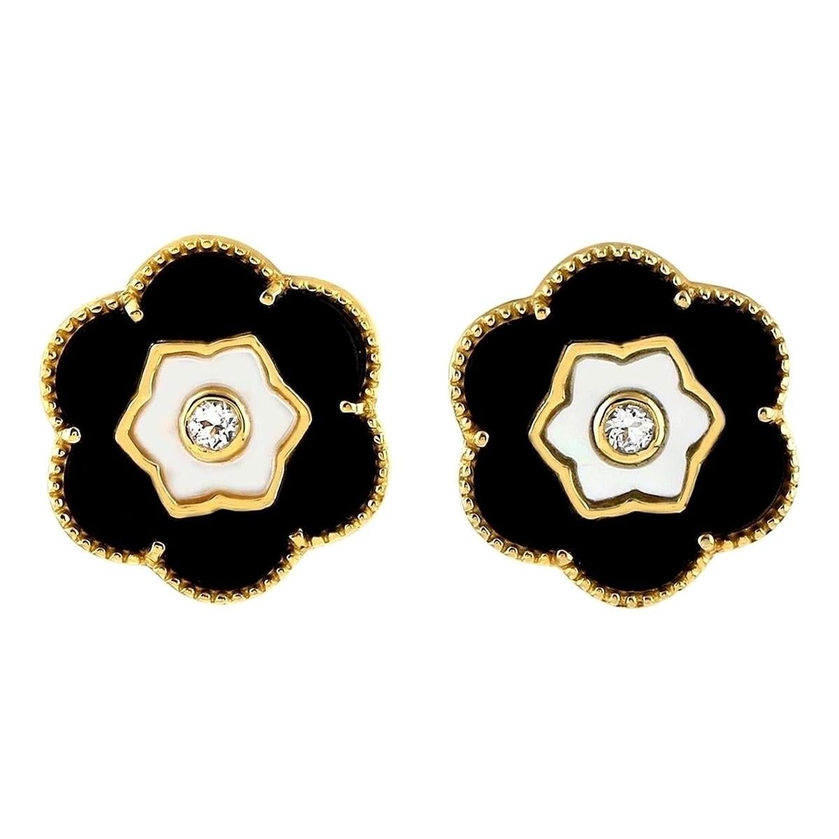 Black Onyx Topaz Mother of Pearl Flower Stud Earrings