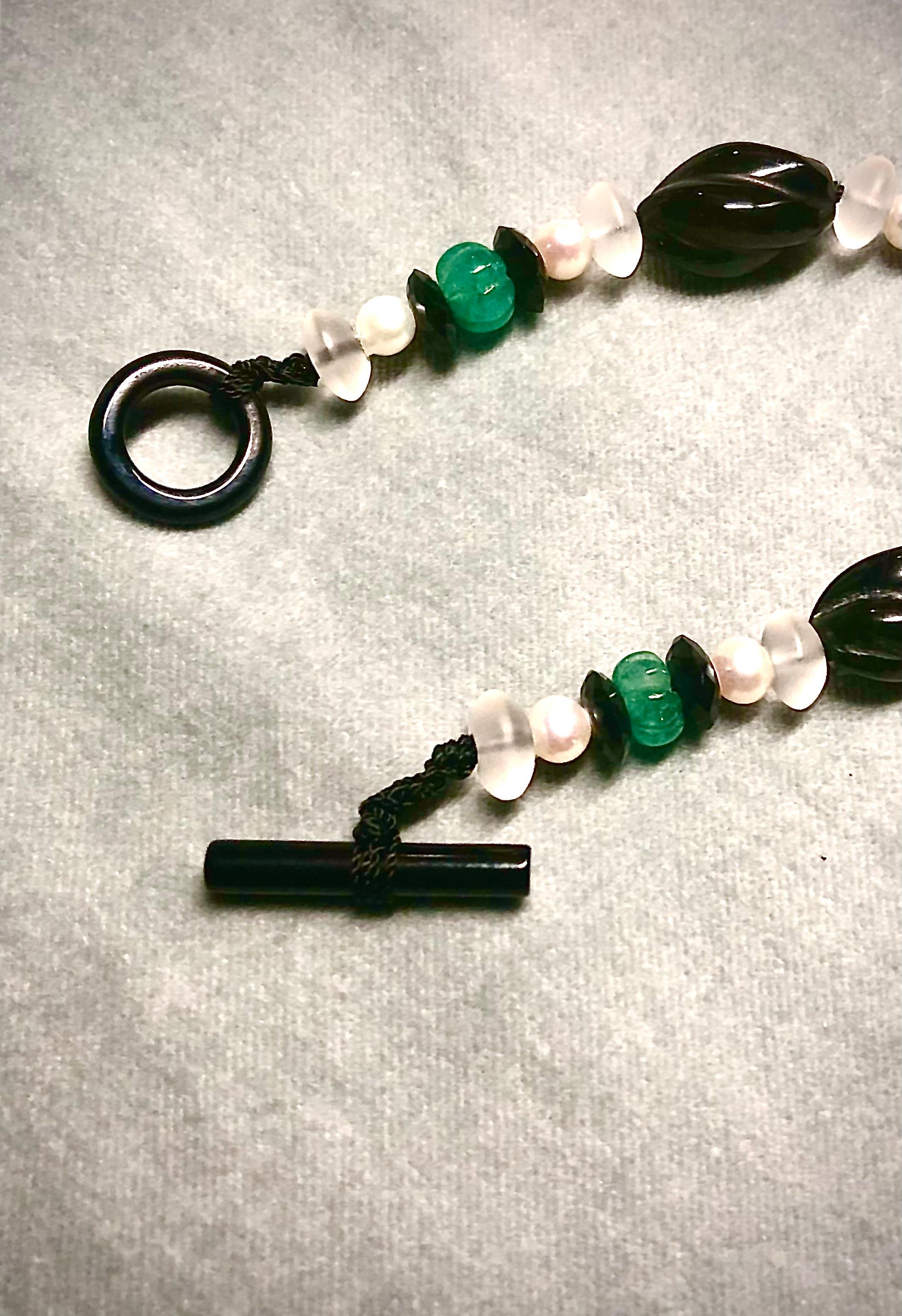 Art Deco Black onyx torchons, rock crystal, emerald and pearl sautoir/necklace