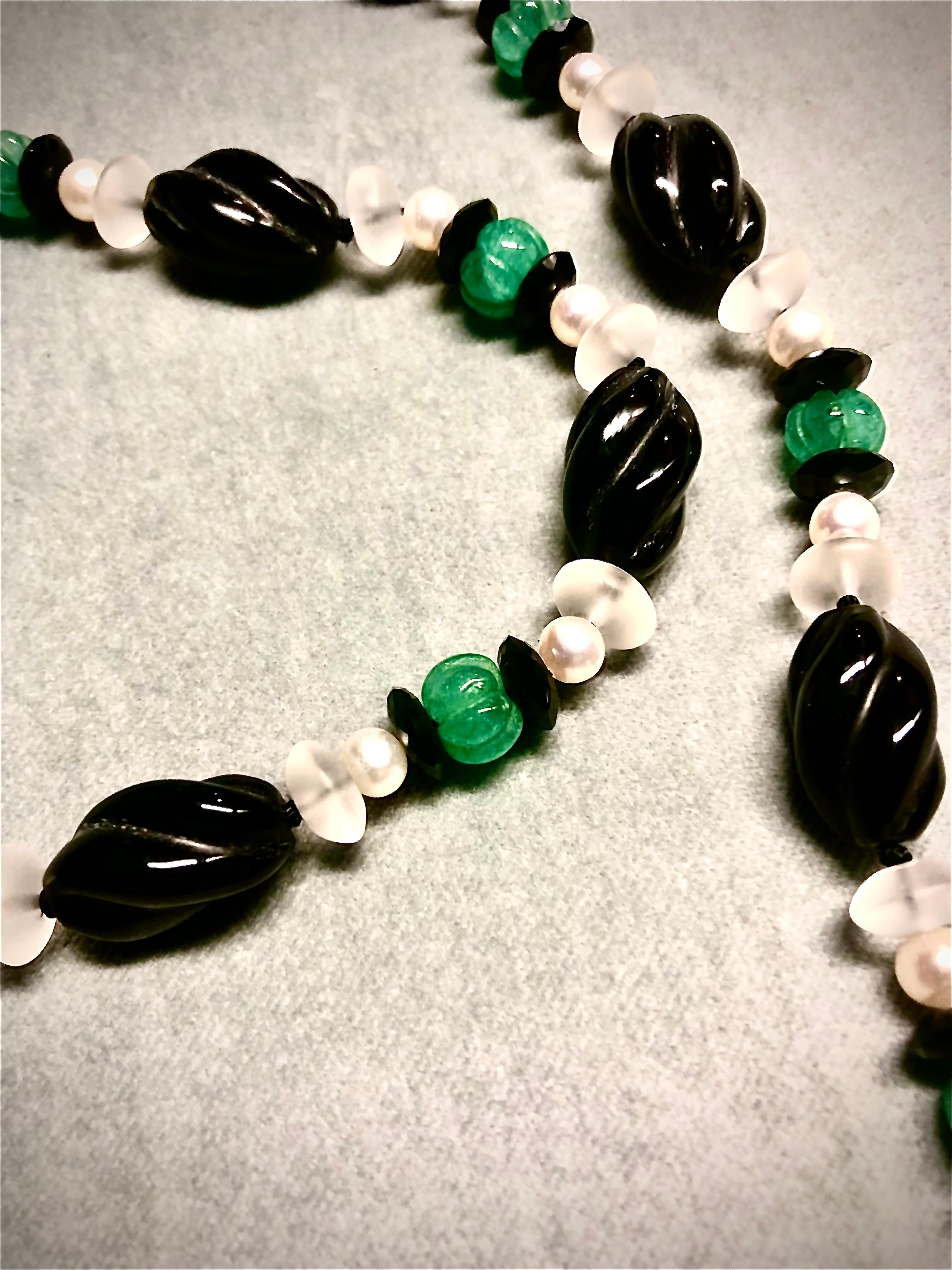 Bead Black onyx torchons, rock crystal, emerald and pearl sautoir/necklace