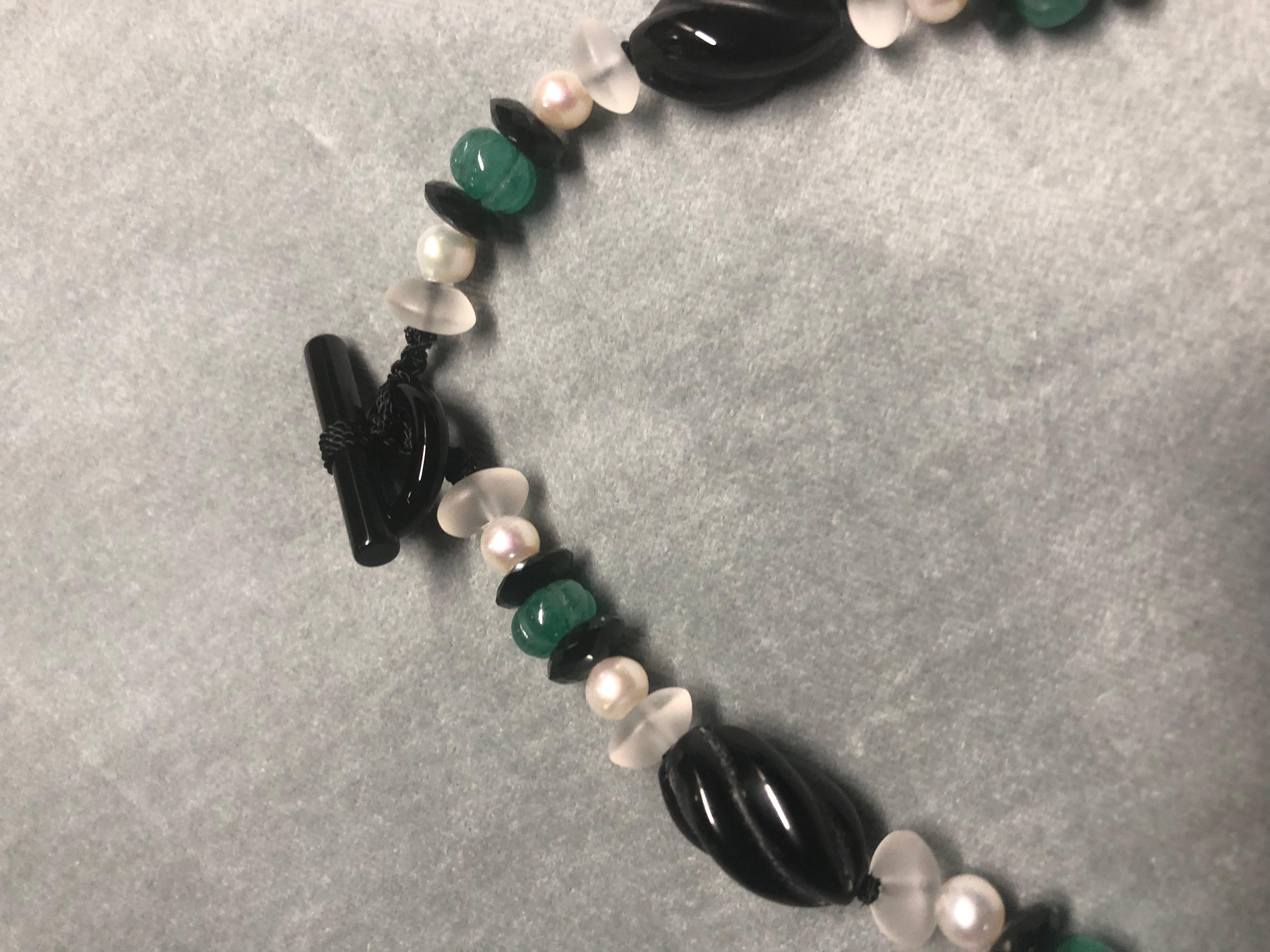 Black onyx torchons, rock crystal, emerald and pearl sautoir/necklace In New Condition In New Orleans, LA