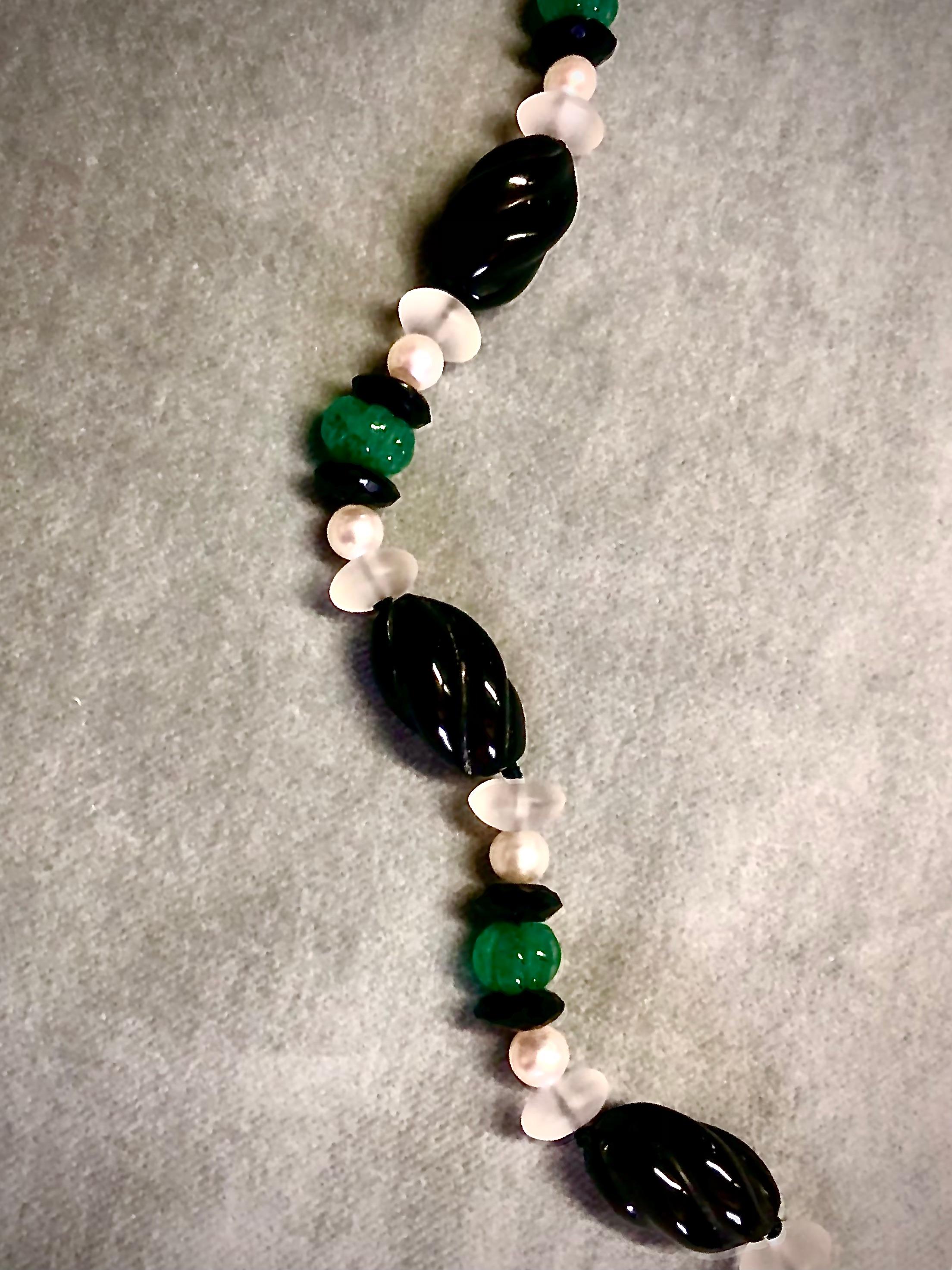 Women's Black onyx torchons, rock crystal, emerald and pearl sautoir/necklace