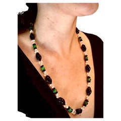 Torchons d'onyx noir, cristal de roche, émeraude et perles sautoir/collier