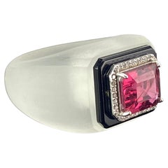 Bague cocktail à dôme en onyx noir, tourmaline et diamants