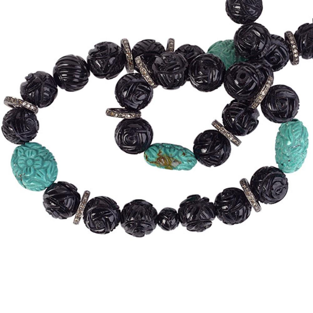 Artisan Black Onyx & Turquoise Necklace with Diamonds For Sale