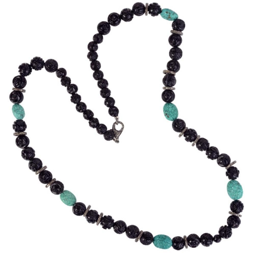 Mixed Cut Black Onyx & Turquoise Necklace with Diamonds For Sale