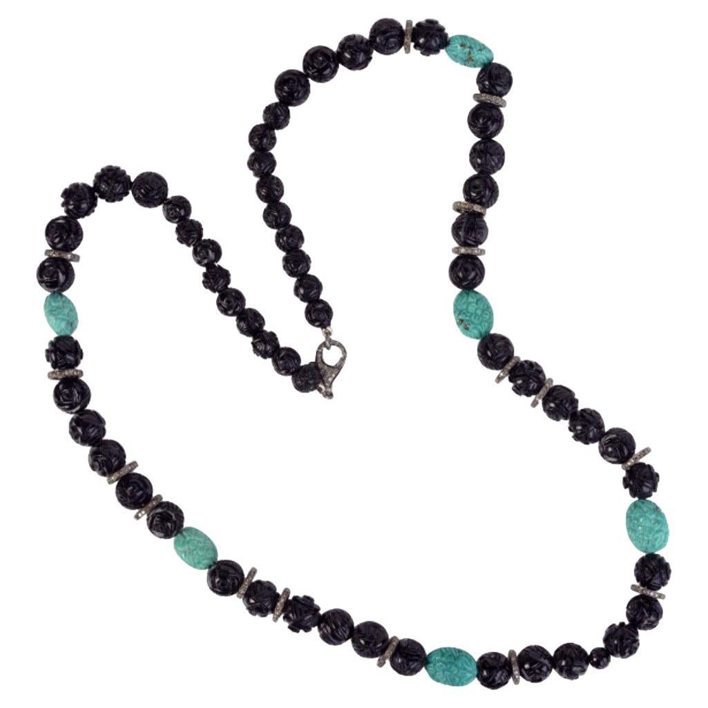 Black Onyx & Turquoise Necklace with Diamonds For Sale