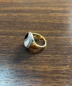 Black Onyx White Agate Yin Yang Motif White Diamond Halo 14K Gold Signet Ring