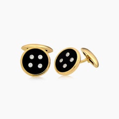 Black Onyx & White Diamond 18K Yellow Gold Button Cufflinks