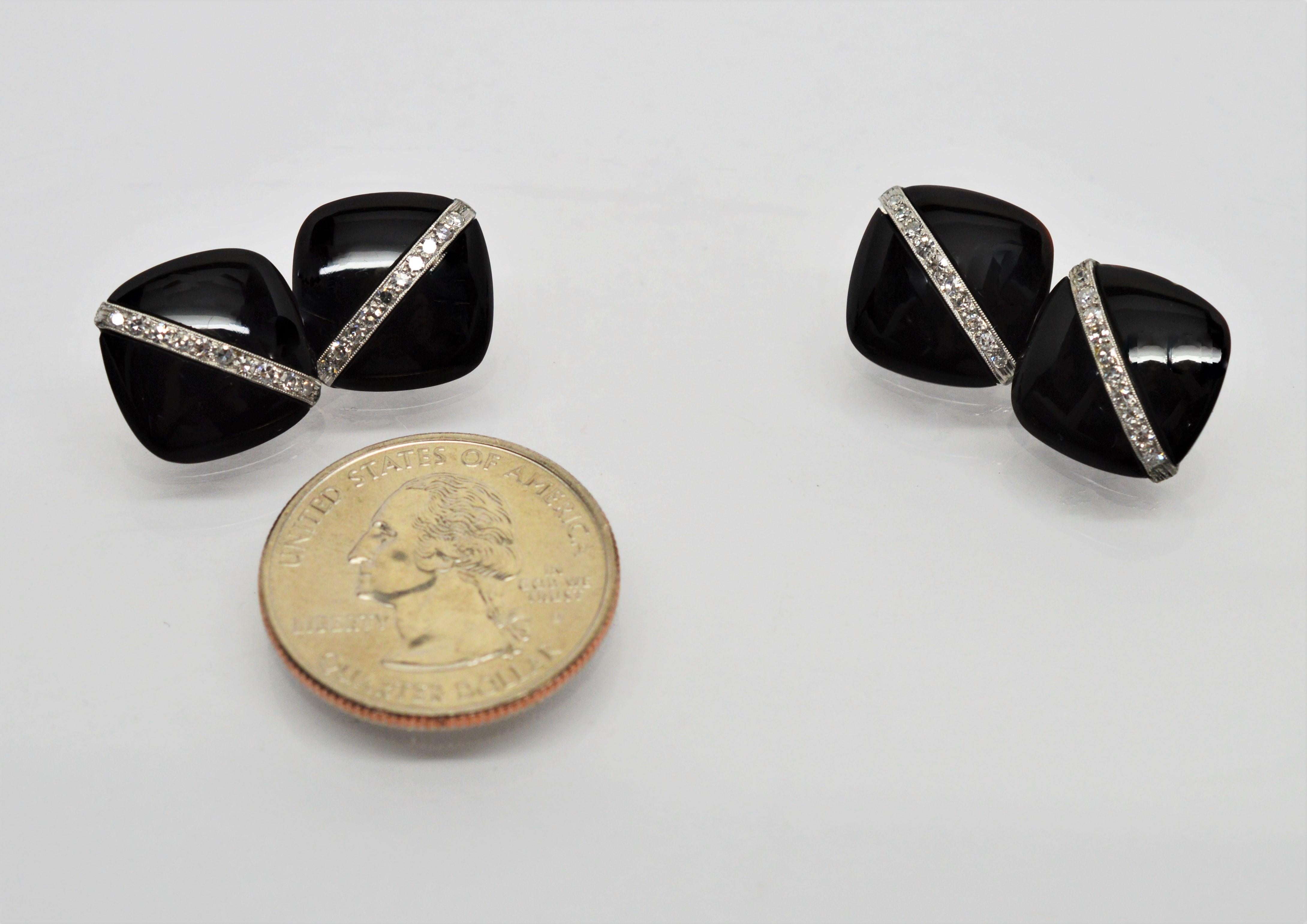 Black Onyx White Gold Diamond Cufflinks In Excellent Condition In Mount Kisco, NY