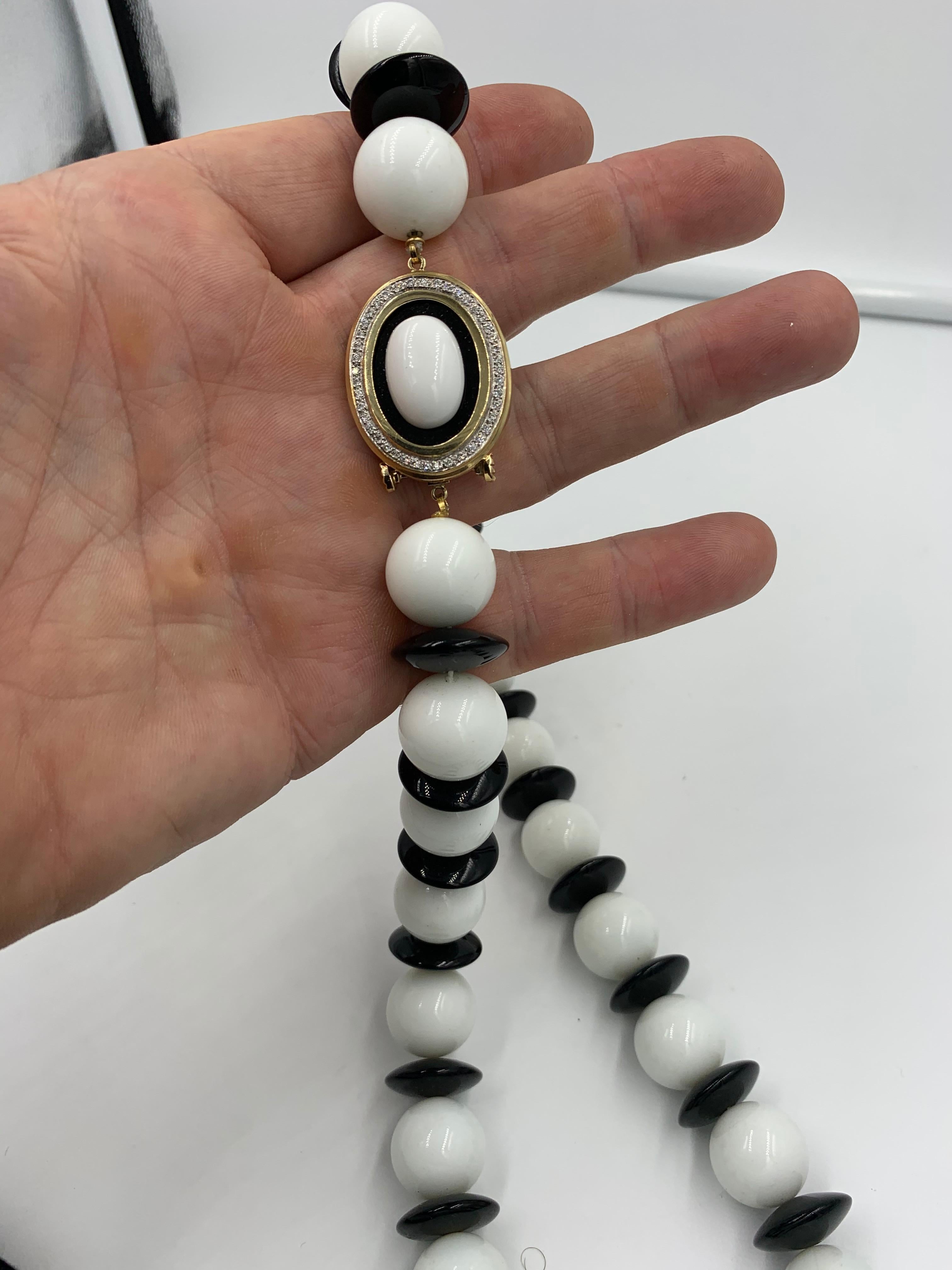 Women's Black Onyx White Onyx 44 Diamond Necklace 14 Karat Gold For Sale