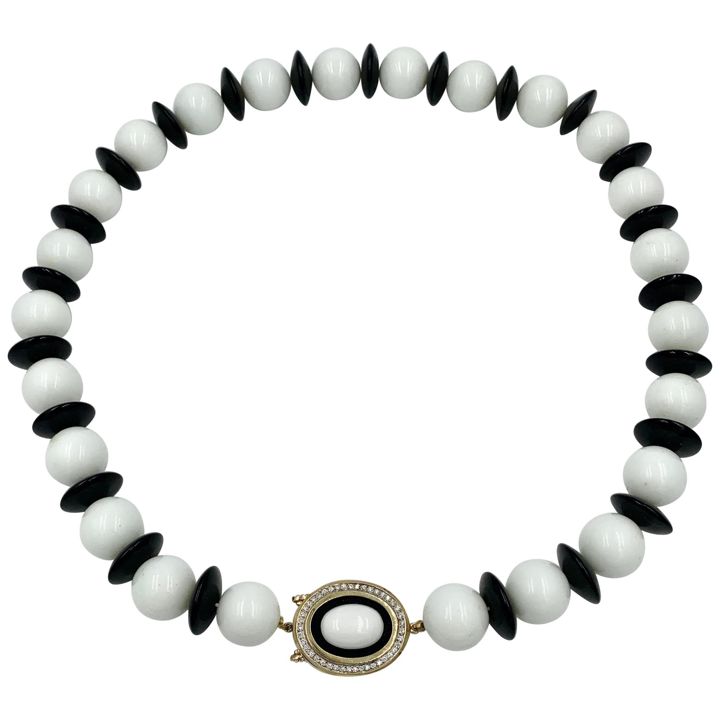 Black Onyx White Onyx 44 Diamond Necklace 14 Karat Gold For Sale
