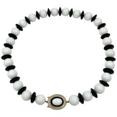 Black Onyx White Onyx 44 Diamond Necklace 14 Karat Gold Statement Necklace