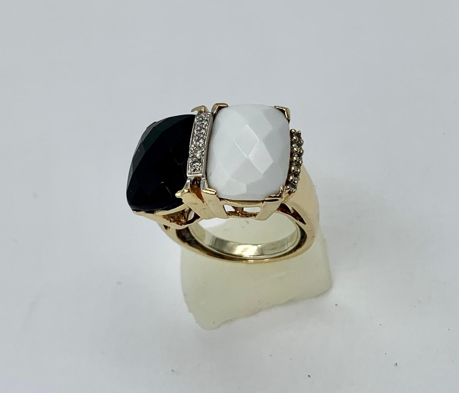 Bague rétro en or 14 carats avec onyx noir, onyx blanc et diamants, taille en damier Pour femmes en vente
