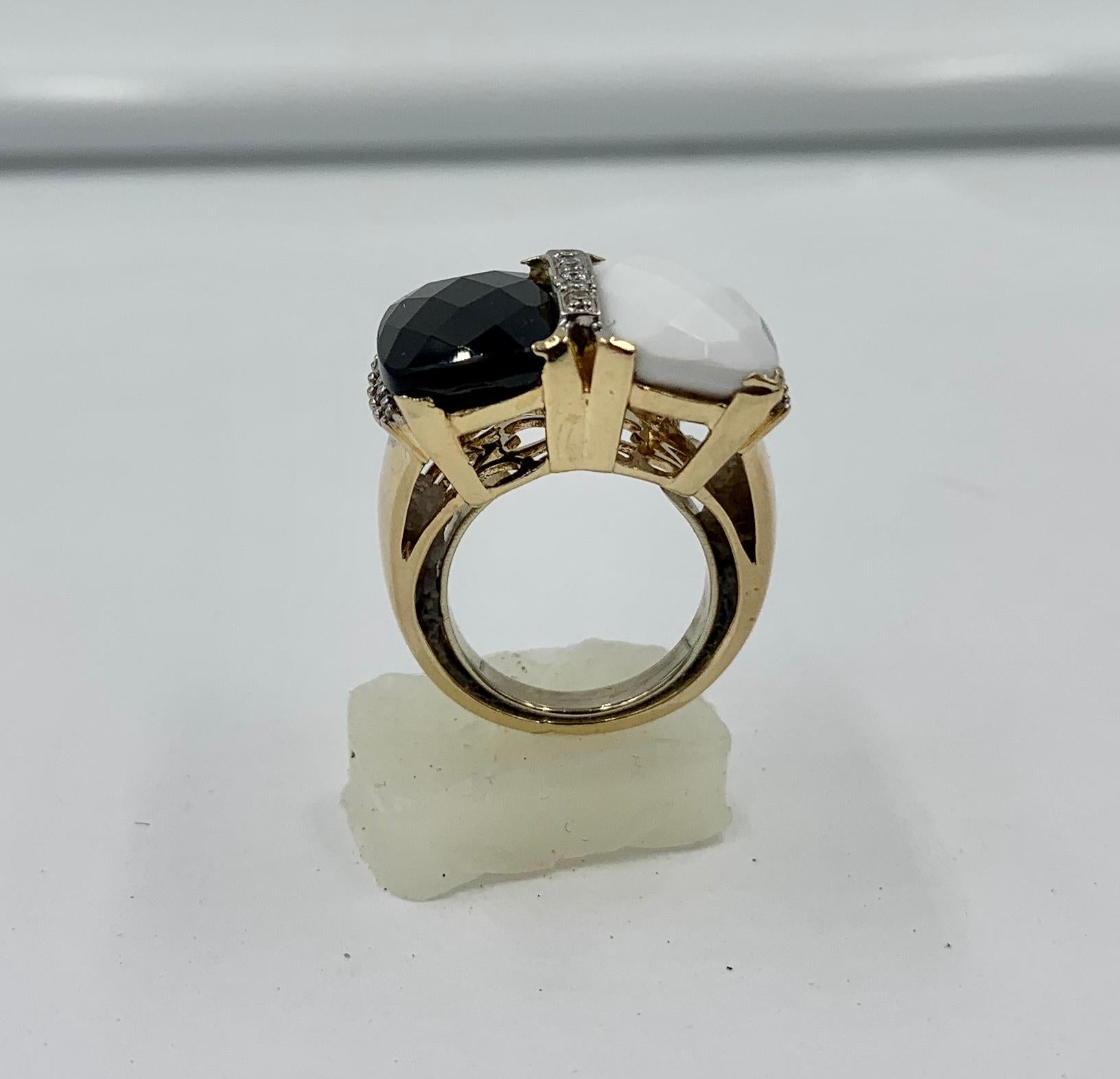 Cabochon Black Onyx White Onyx Diamond Ring Checkerboard Cut Retro 14 Karat Gold For Sale