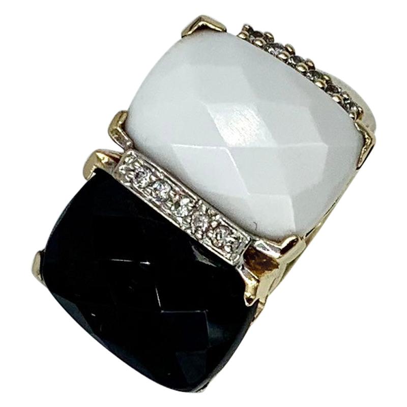 Schwarzer Onyx Weißer Onyx Diamant Ring Kartonschliff Retro 14 Karat Gold im Angebot