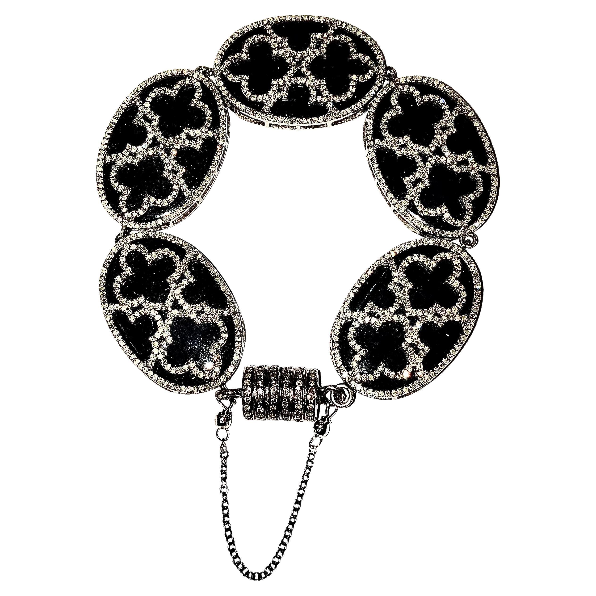 Black Onyx and Pave Diamond Beaded Macrame Bracelet For Sale at 1stDibs