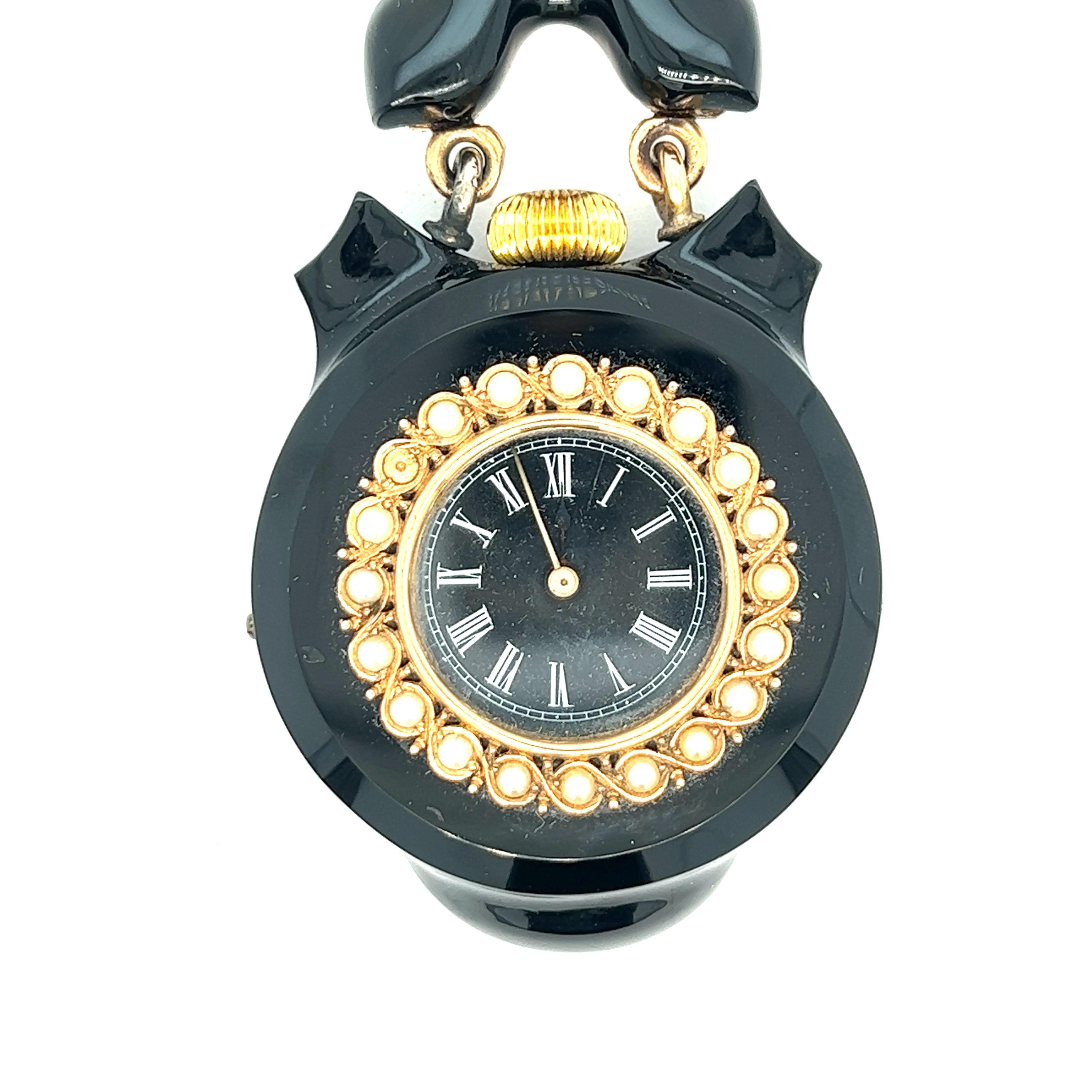 Uncut Black Onyx with Pearls Lapel Mourning Watch For Sale