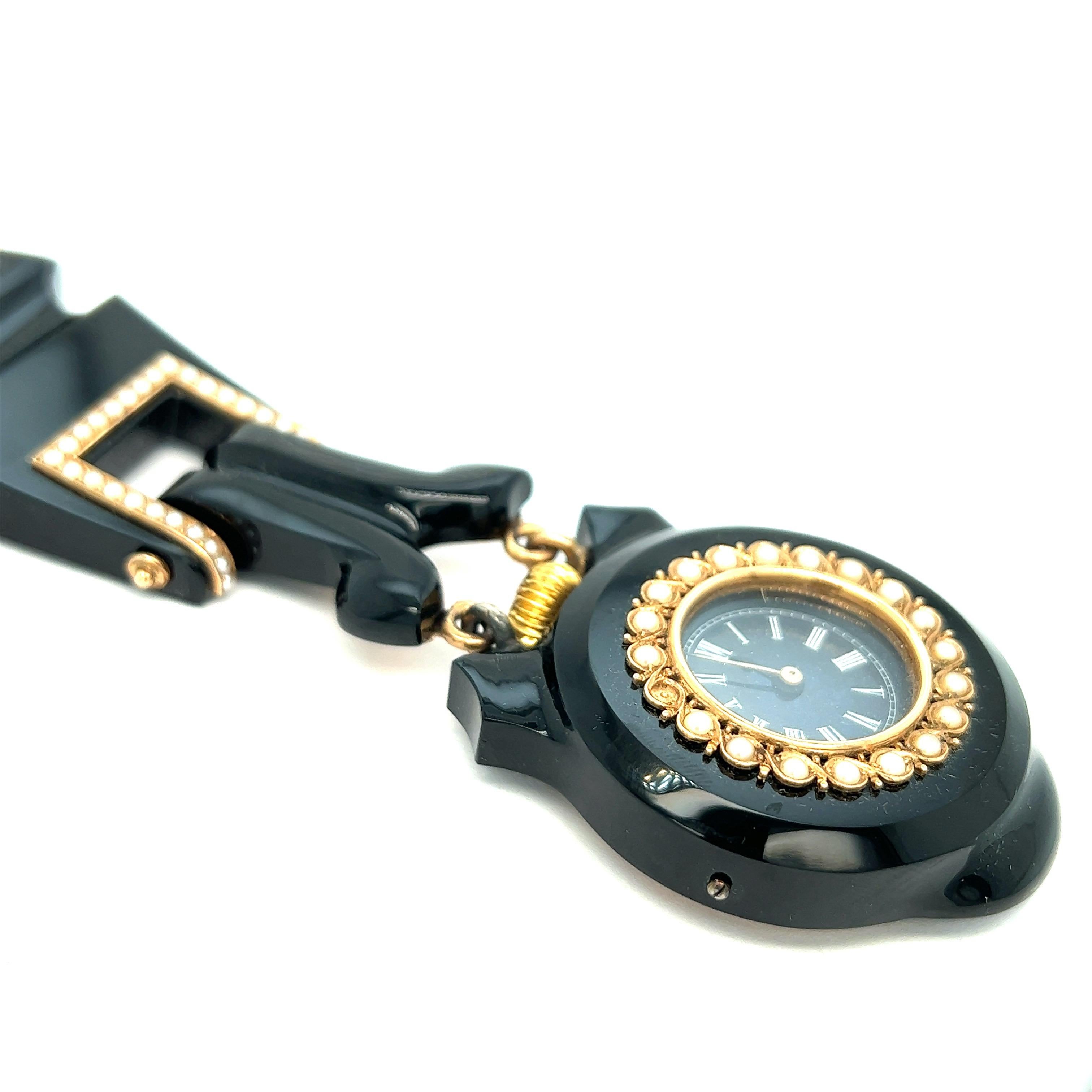 Mourning-Uhr aus schwarzem Onyx mit Perlenrevers für Damen oder Herren im Angebot
