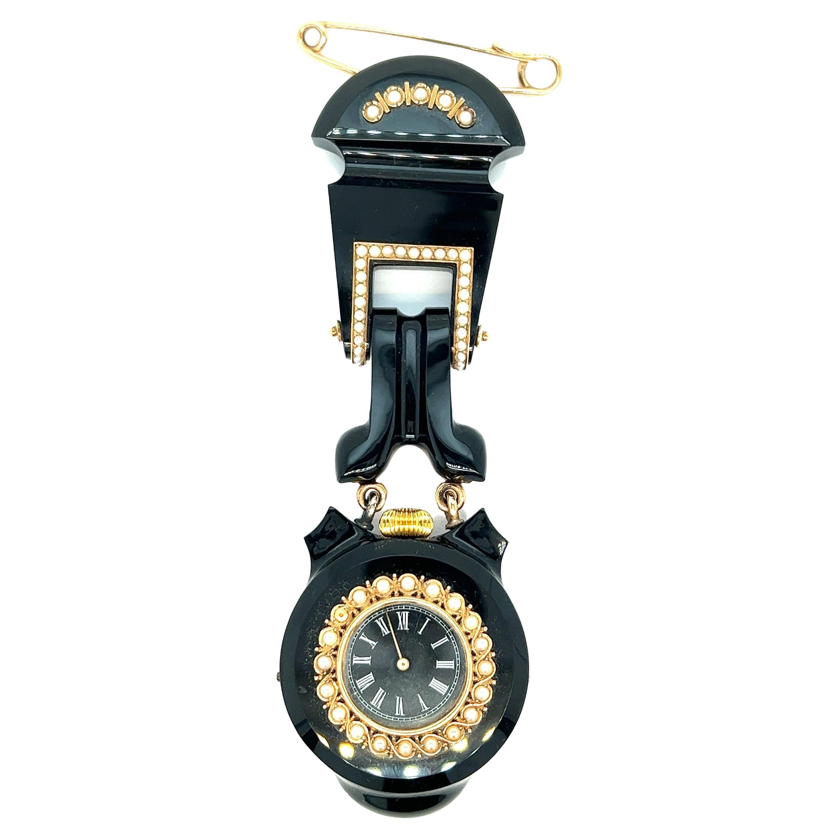 Mourning-Uhr aus schwarzem Onyx mit Perlenrevers im Angebot