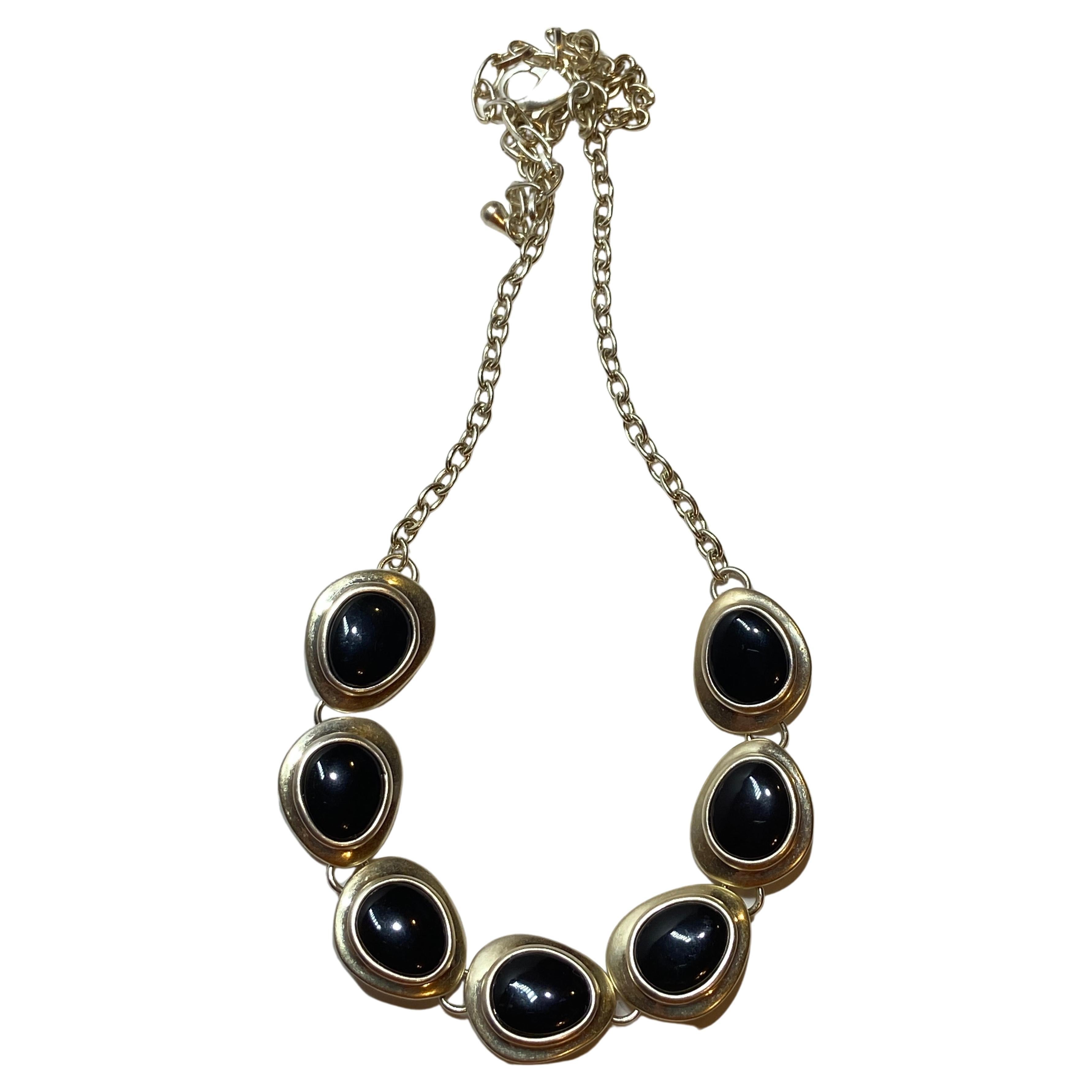 Black Onyx with Sterling Silver Frame & Silver Hardware chain-link necklace For Sale