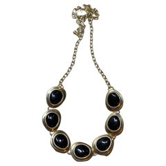 Retro Black Onyx with Sterling Silver Frame & Silver Hardware chain-link necklace