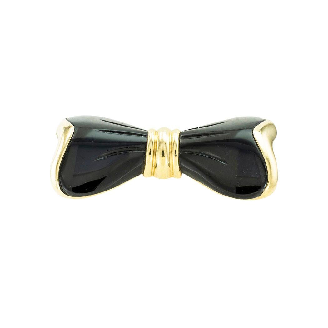Contemporary Black Onyx Yellow Gold Bow Brooch For Sale