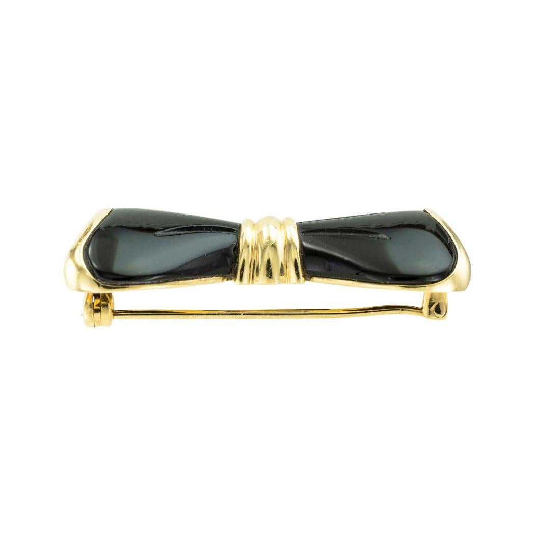 Mixed Cut Black Onyx Yellow Gold Bow Brooch For Sale